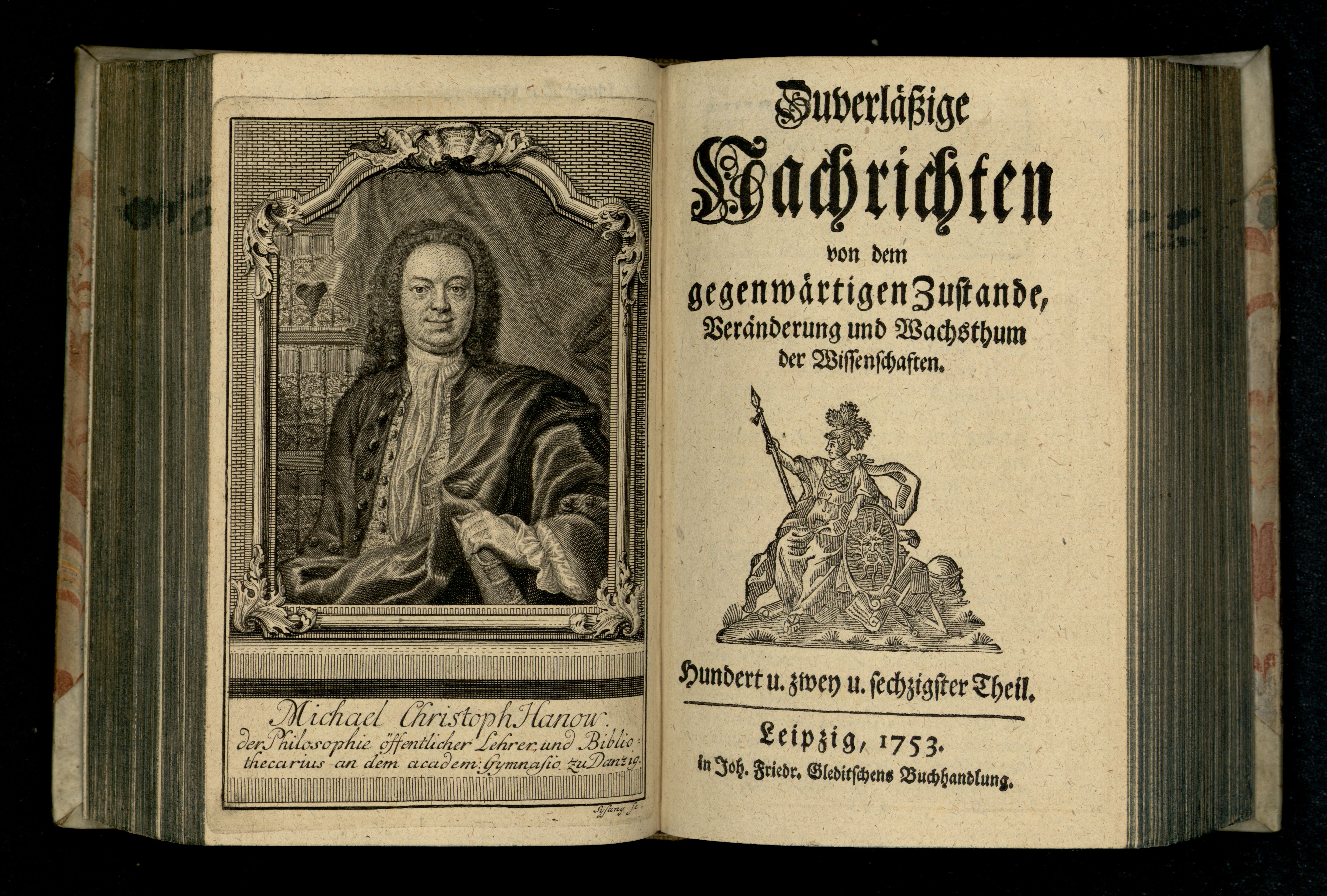 Porträt von Hanov, Michael Christoph  (Zuverläßige Nachrichten von dem gegenwärtigen Zustande der Wissenschaften., 1753, 162. T., ungez. Bl. vor S. 396. [Doppelseite])