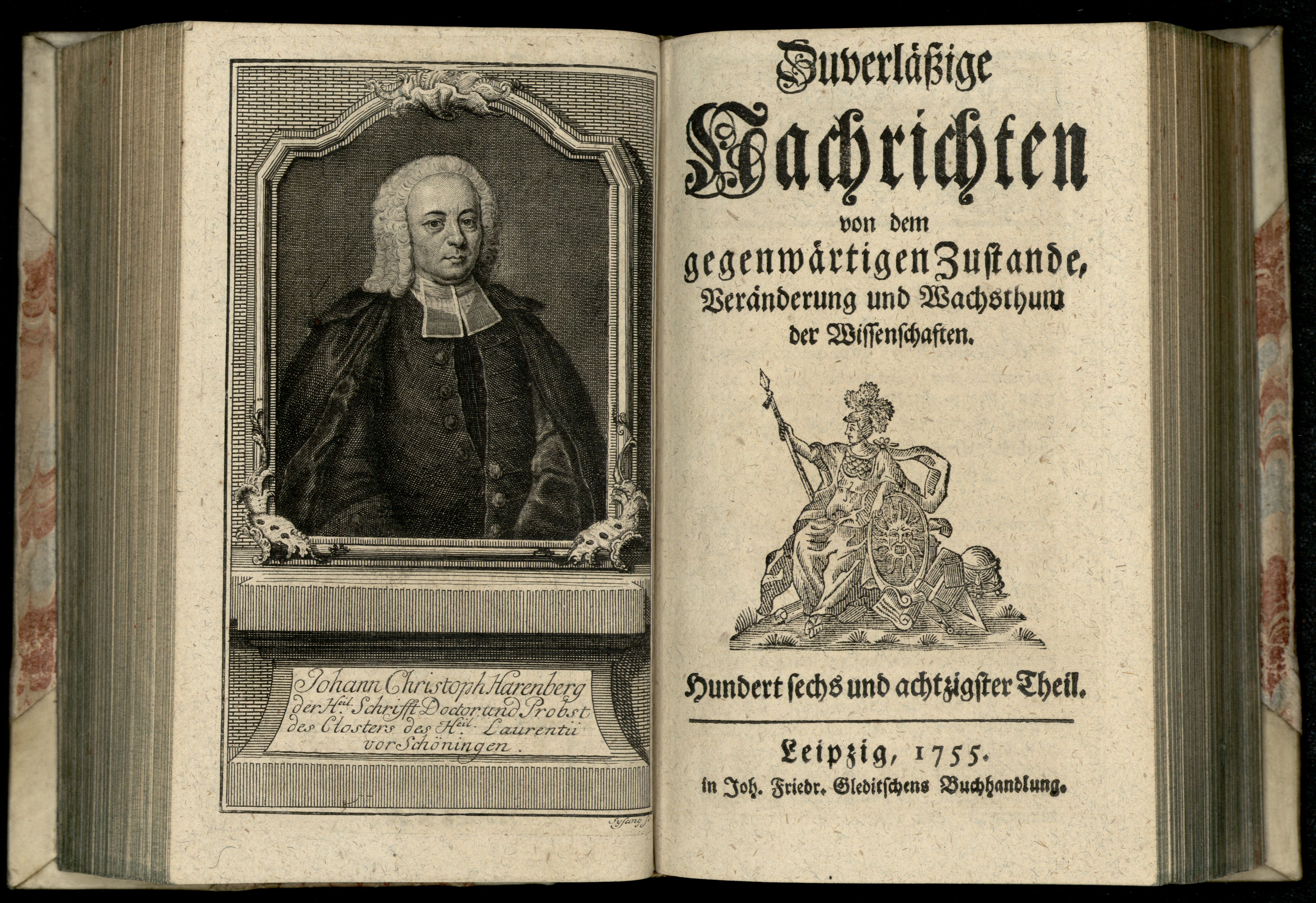 Porträt von Harenberg, Johann Christoph  (Zuverläßige Nachrichten von dem gegenwärtigen Zustande der Wissenschaften., 1755, 186. T., ungez. Bl. vor S. 390. [Doppelseite])