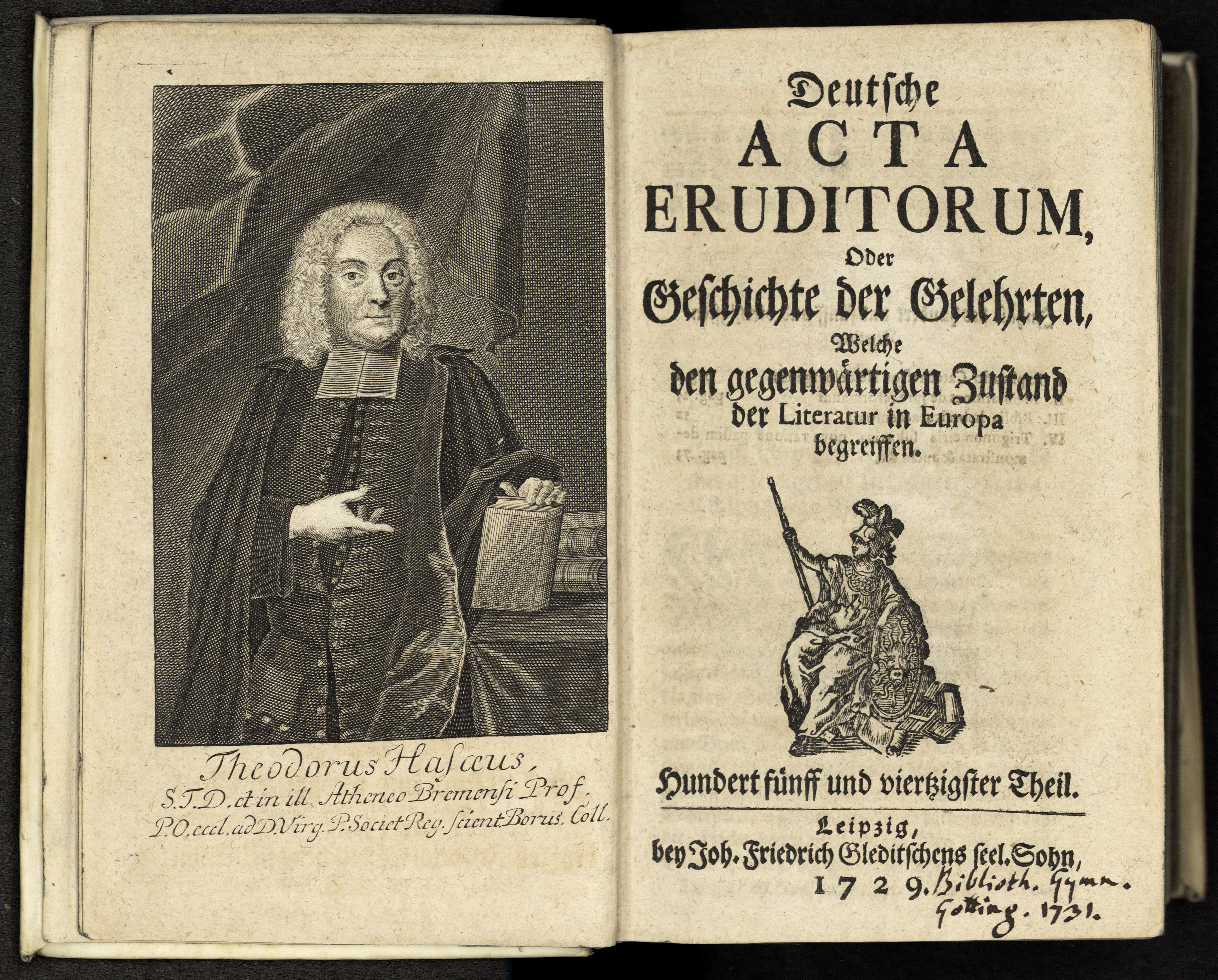 Porträt von Hase, Theodor von  (Deutsche Acta Eruditorum., 1729, 145. T., ungez. Bl. am Anf. d. Bandes. [Doppelseite])