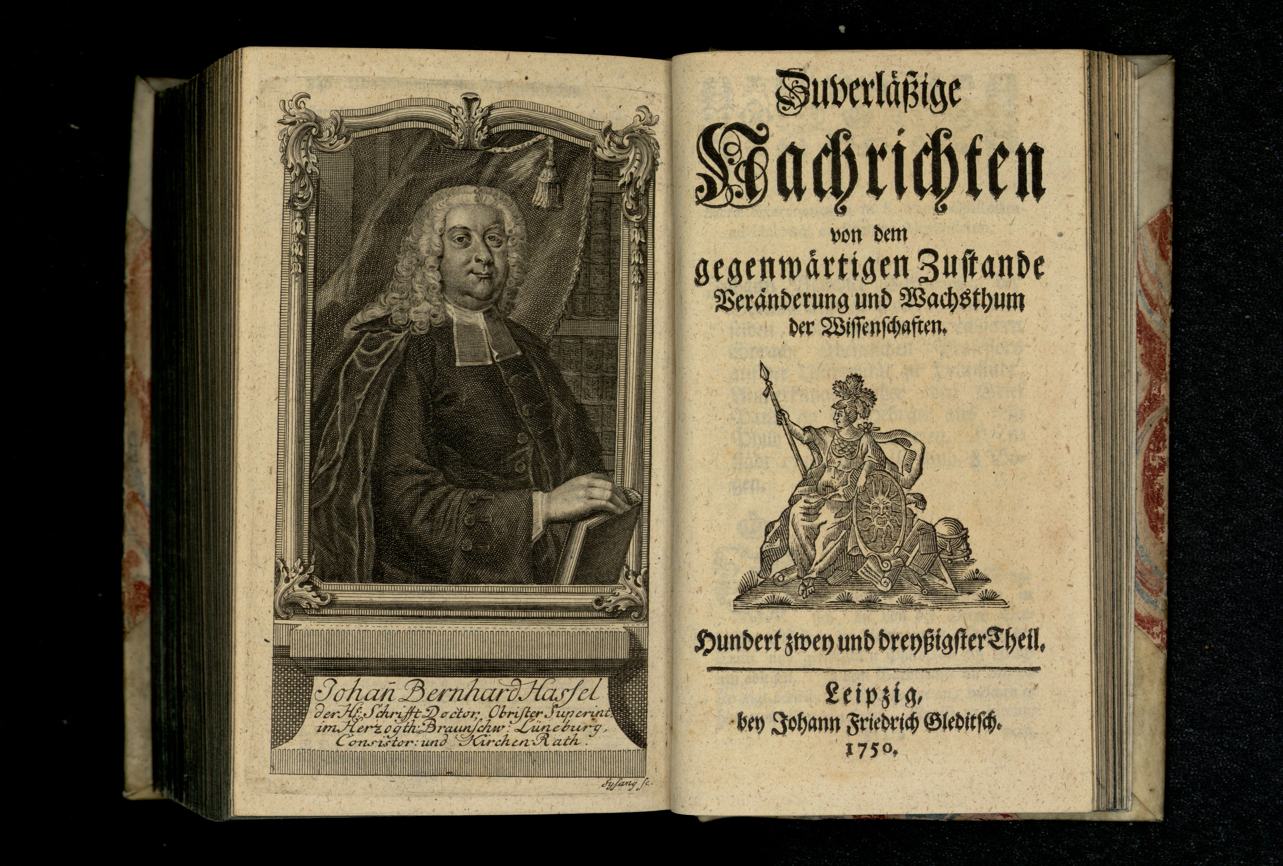 Porträt von Hassel, Johann Bernhard  (Zuverläßige Nachrichten von dem gegenwärtigen Zustande der Wissenschaften., 1750, 132. T., ungez. Bl. vor S. 848. [Doppelseite])