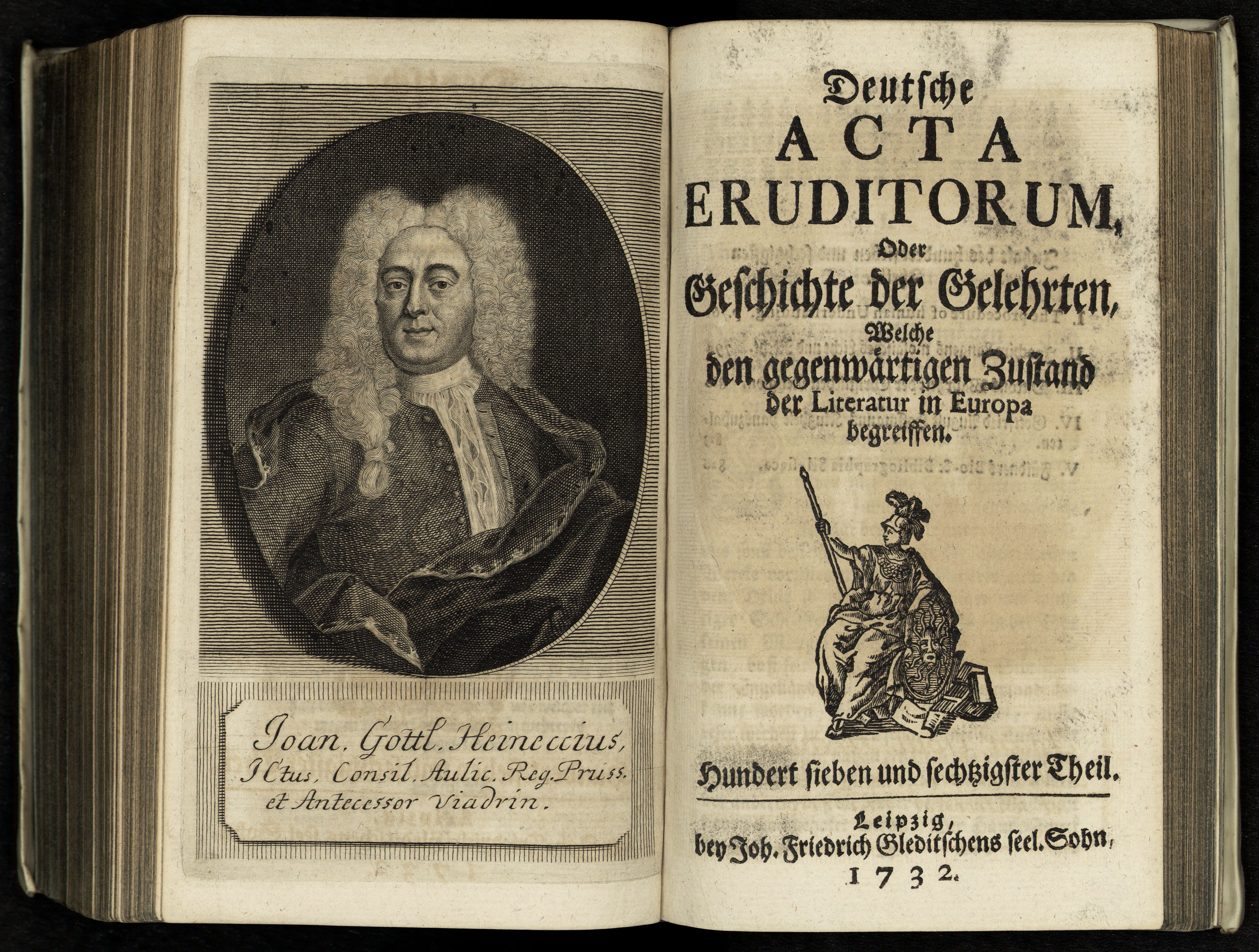 Porträt von Heineccius, Johann Gottlieb  (Deutsche Acta Eruditorum., 1732, 167. T., ungez. Bl. vor S. 761. [Doppelseite])