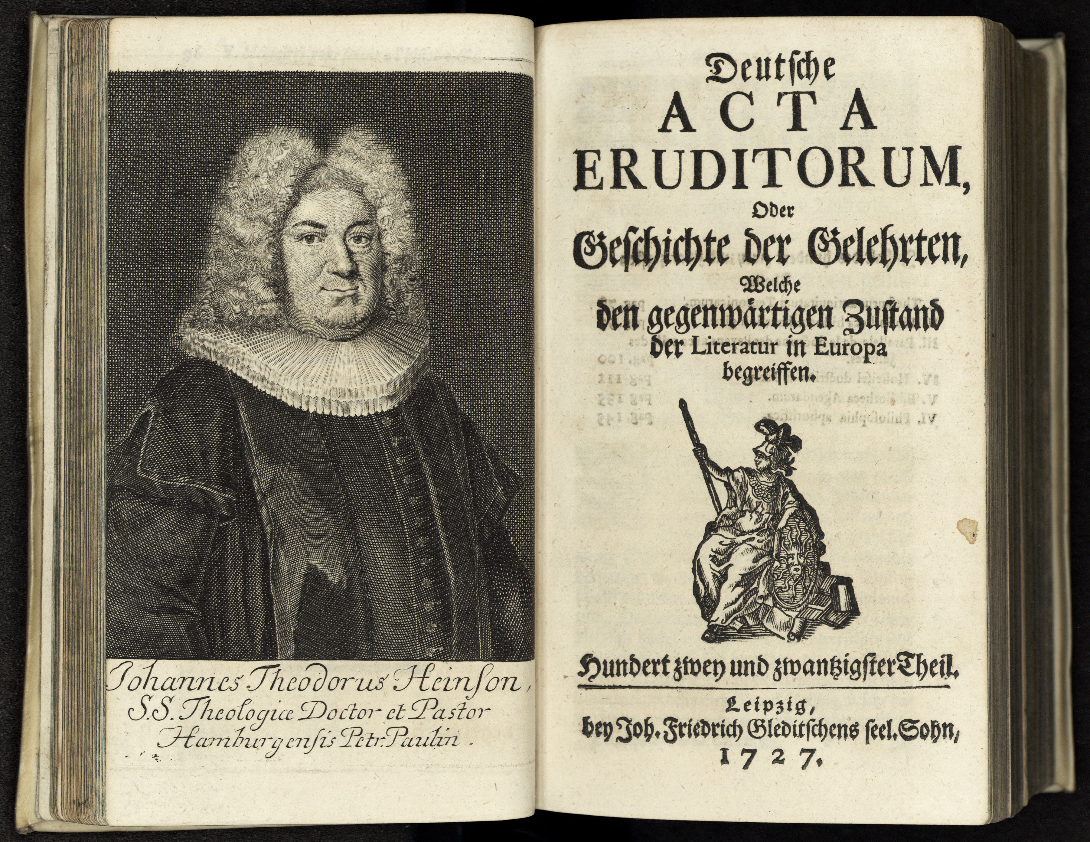 Porträt von Heinson, Johann Theodor  (Deutsche Acta Eruditorum., 1727, 122. T., ungez. Bl. vor S. 77. [Doppelseite])