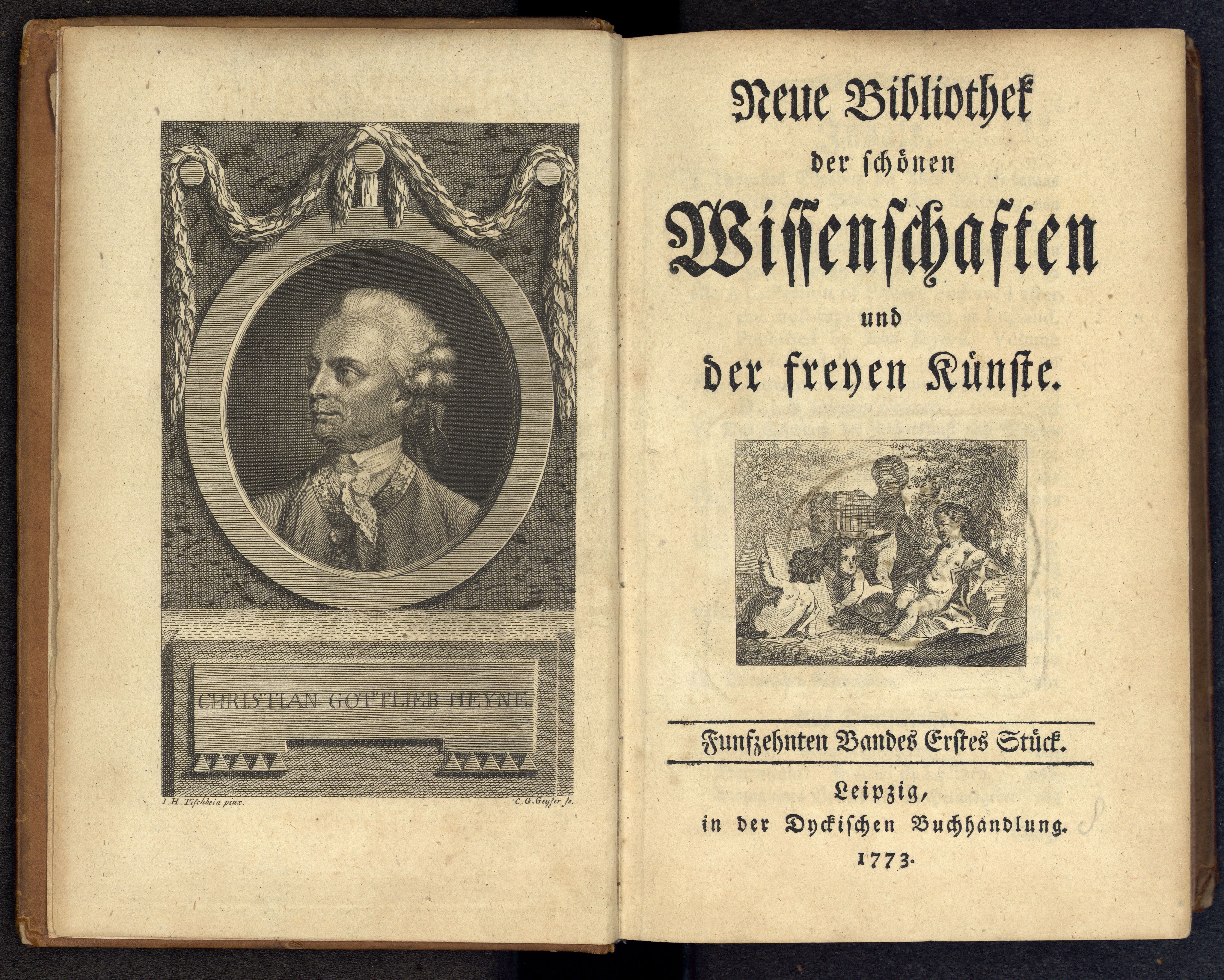 Porträt von Heyne, Christian Gottlob  (Neue Bibliothek der schönen Wissenschaften., 1773, 15. Bd., 1. St., ungez. Bl. am Anf. d. Bandes. [Doppelseite])