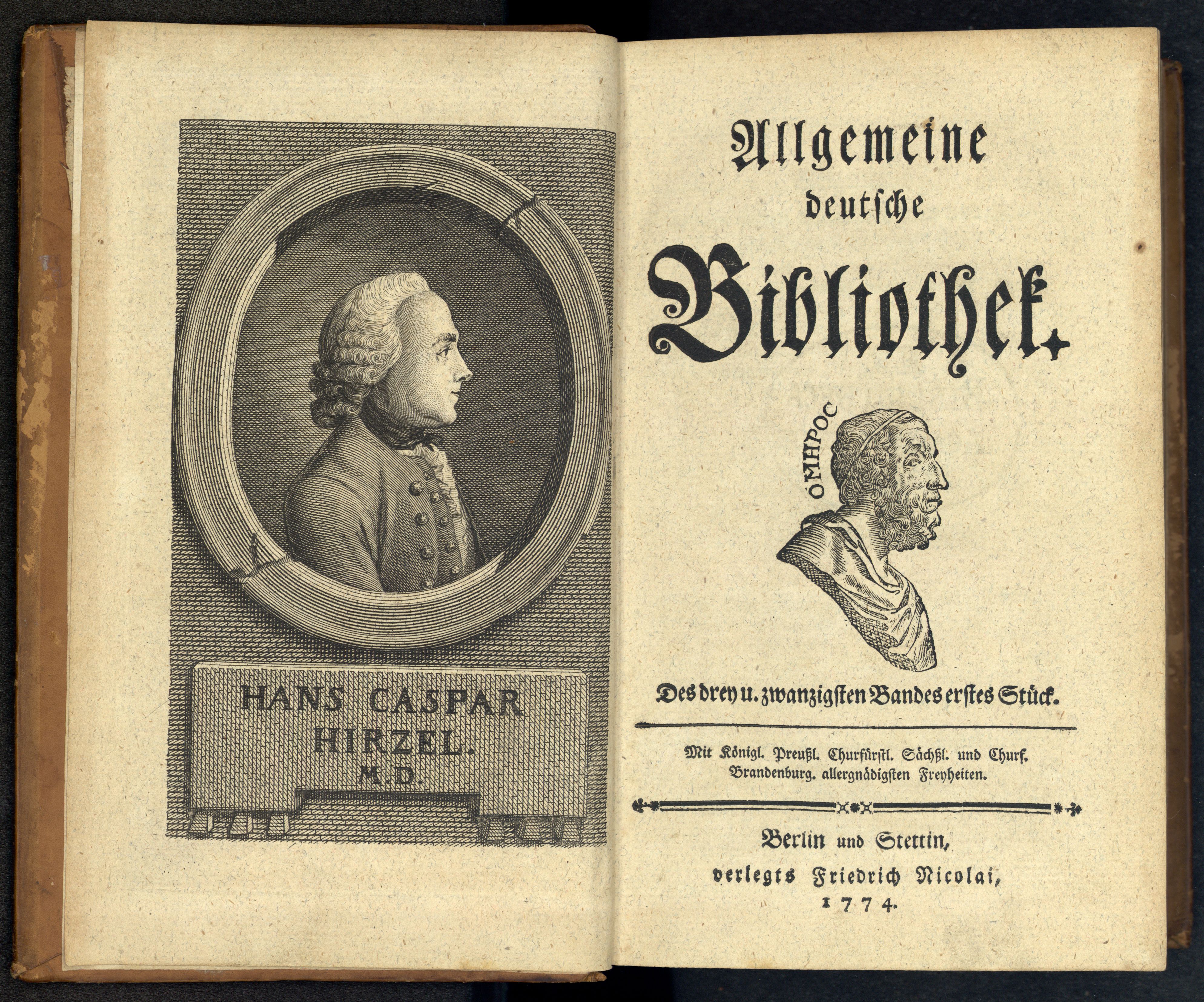 Porträt von Hirzel, Hans Caspar  (Allgemeine deutsche Bibliothek., 1774, 23. Bd., 1. St., ungez. Bl. am Anf. d. Bandes. [Doppelseite])