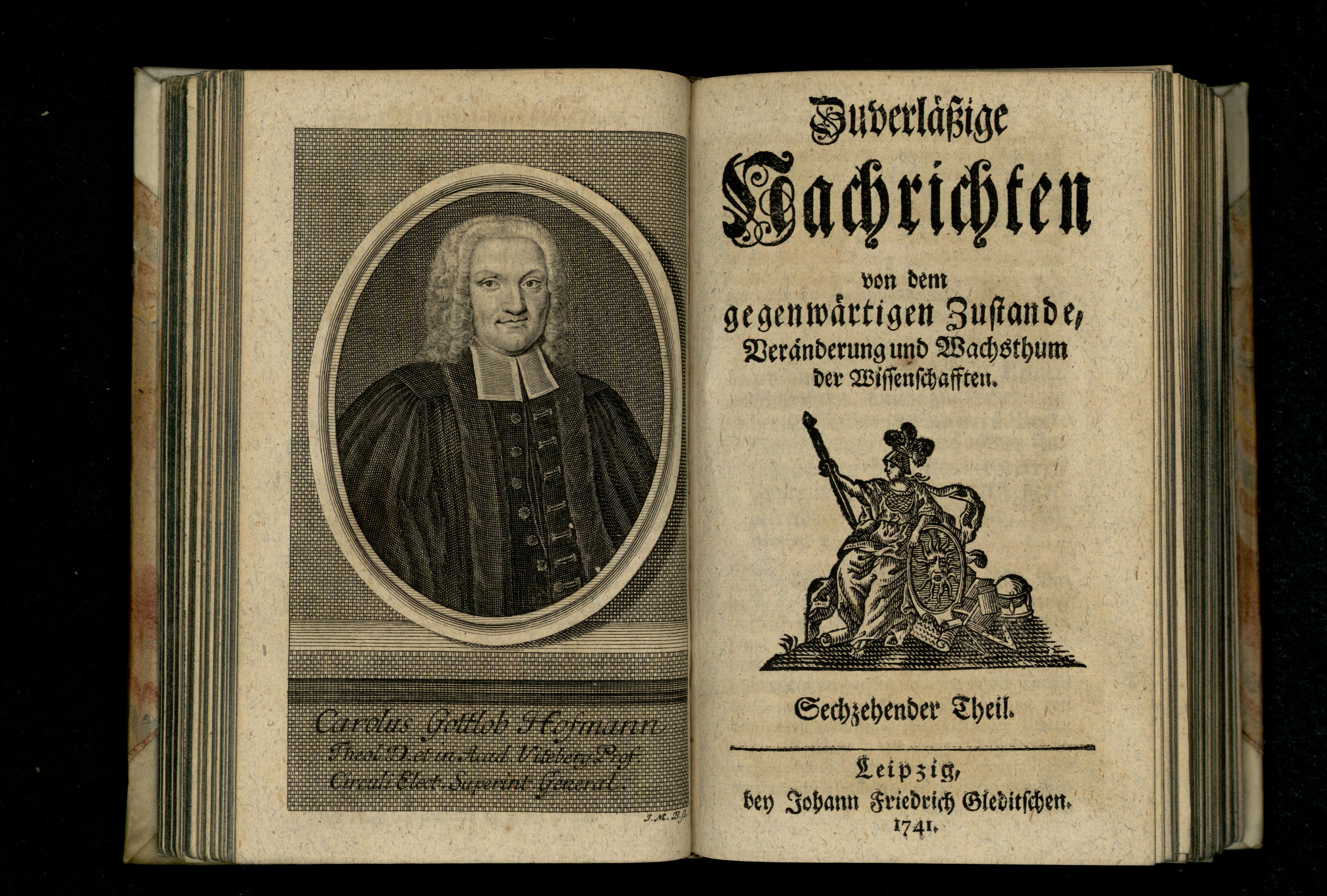 Porträt von Hofmann, Carl Gottlob  (Zuverläßige Nachrichten von dem gegenwärtigen Zustande der Wissenschaften., 1741, 16. T., ungez. Bl. vor S. 231. [Doppelseite])