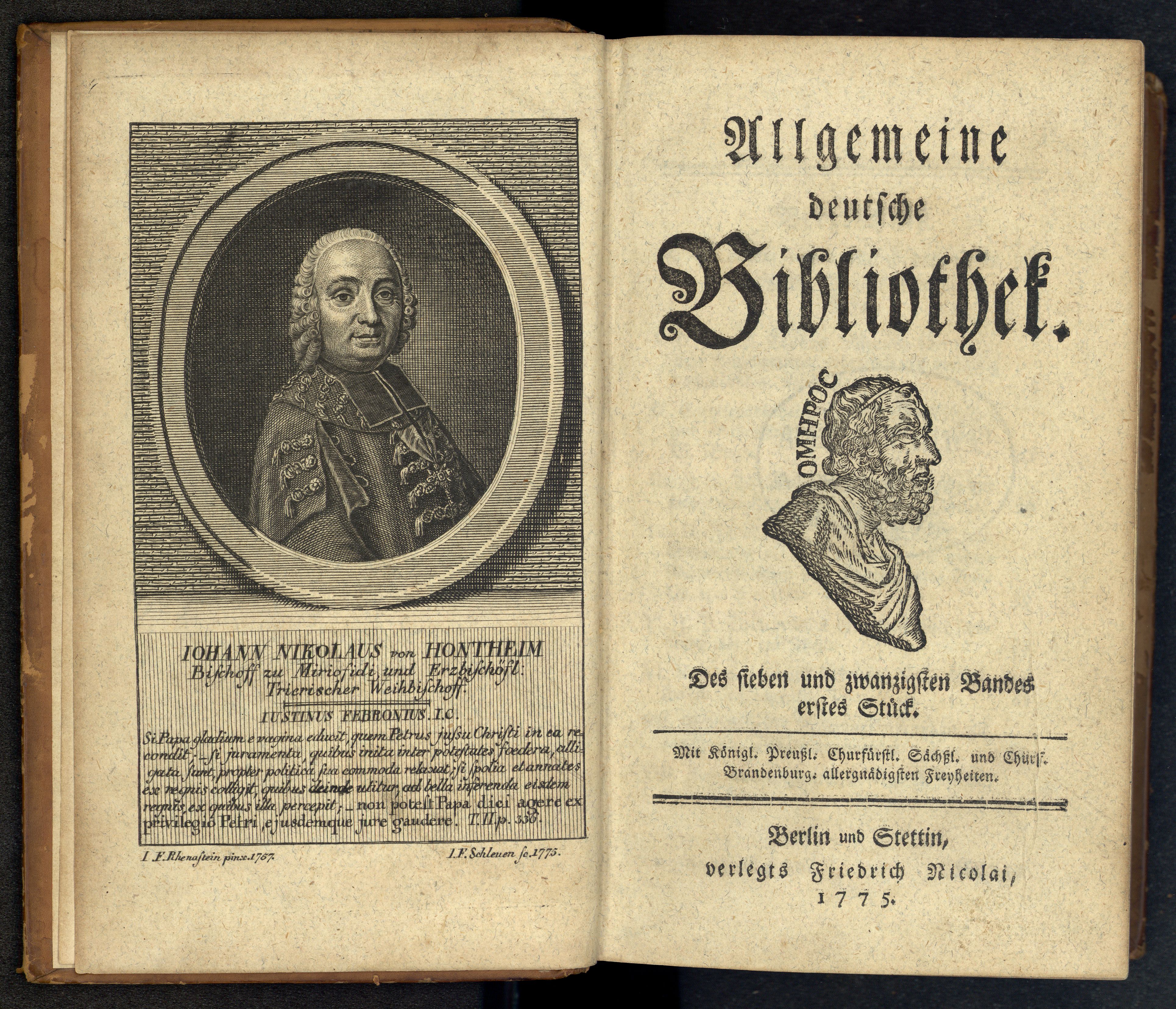 Porträt von Hontheim, Johann Nikolaus von  (Allgemeine deutsche Bibliothek., 1775, 27. Bd., 1. St., ungez. Bl. am Anf. d. Bandes. [Doppelseite])