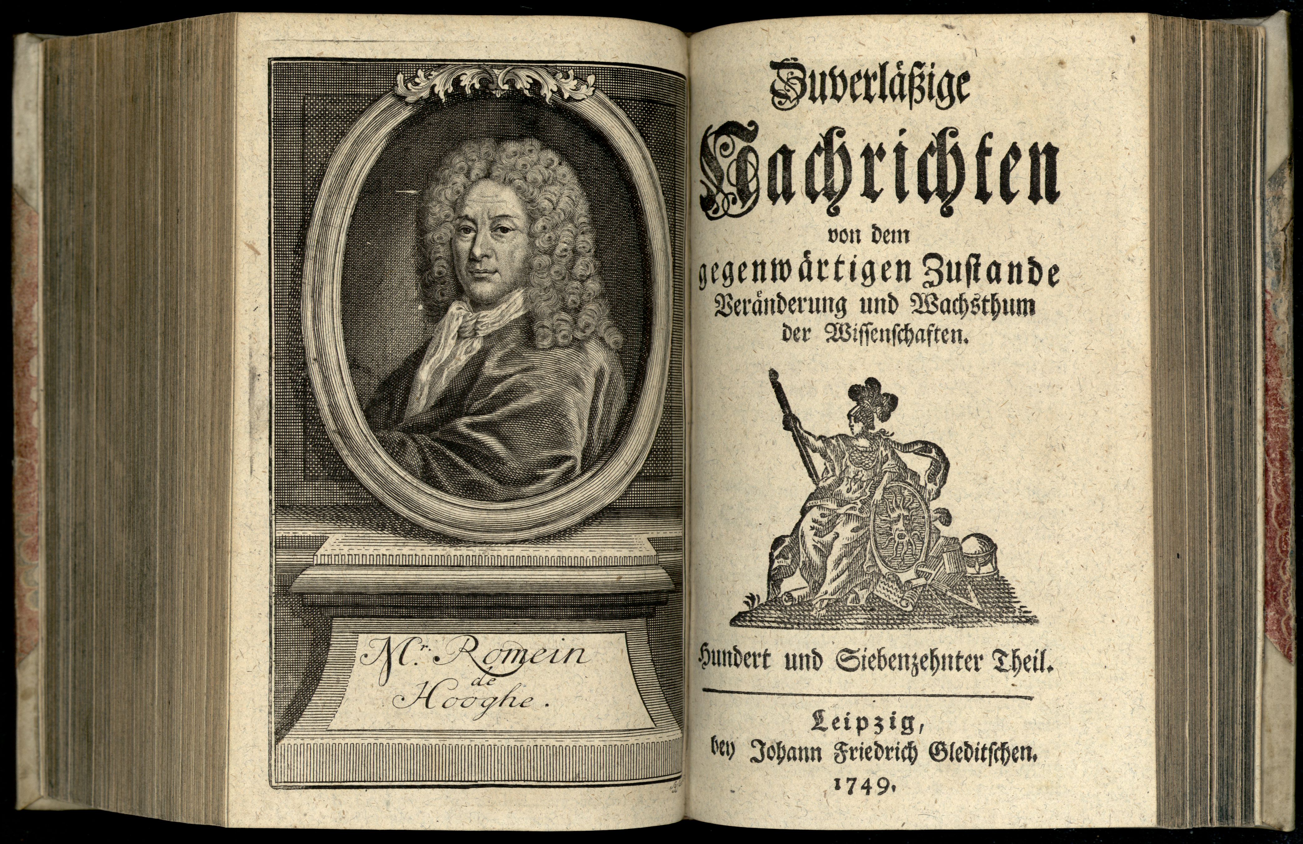 Porträt von Hooghe, Romeyn de  (Zuverläßige Nachrichten von dem gegenwärtigen Zustande der Wissenschaften., 1749, 117. T., ungez. Bl. vor S. 630. [Doppelseite])