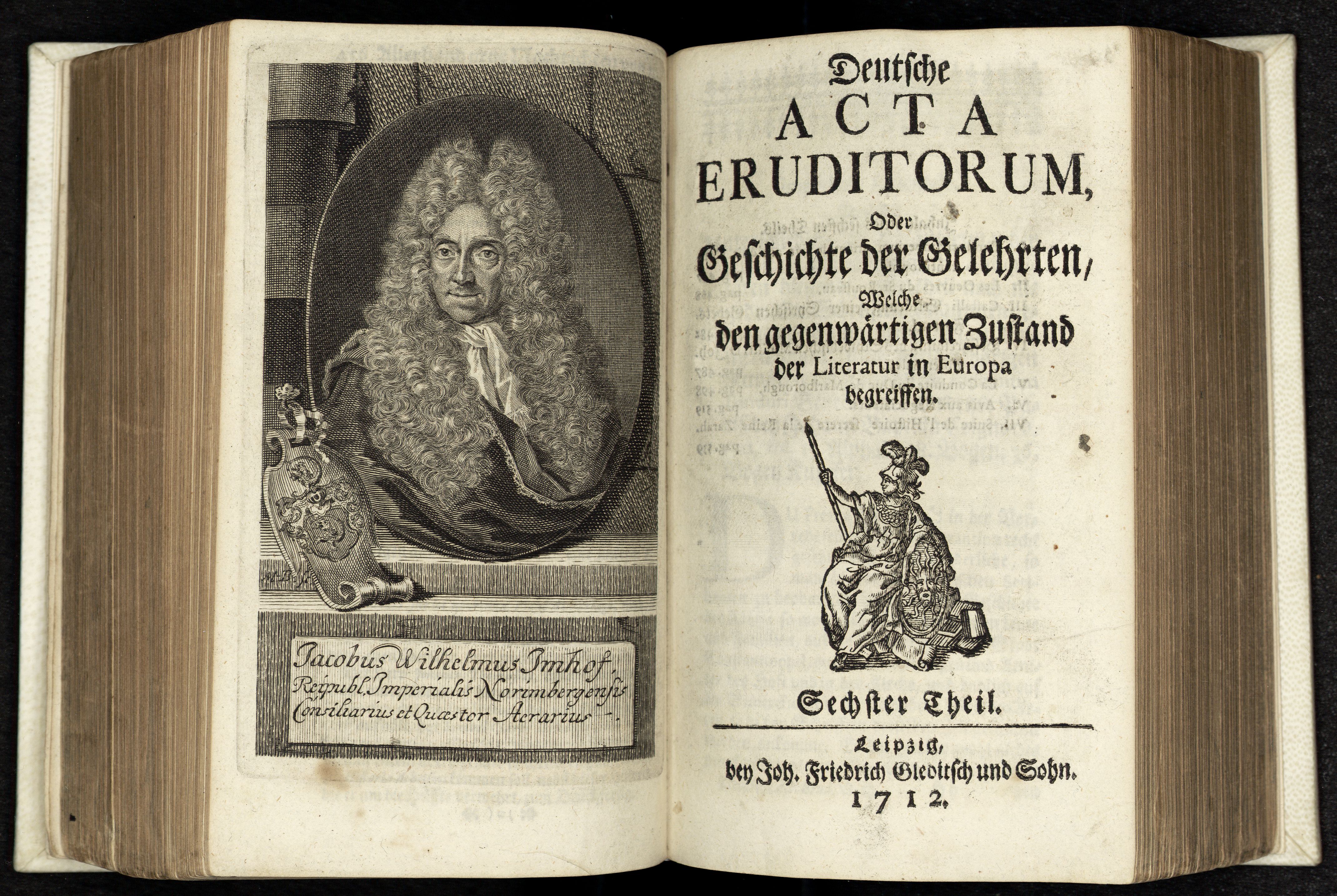 Porträt von Imhof, Jacob Wilhelm  (Deutsche Acta Eruditorum., 1712, 6. T., ungez. Bl. vor S. 458. [Doppelseite])