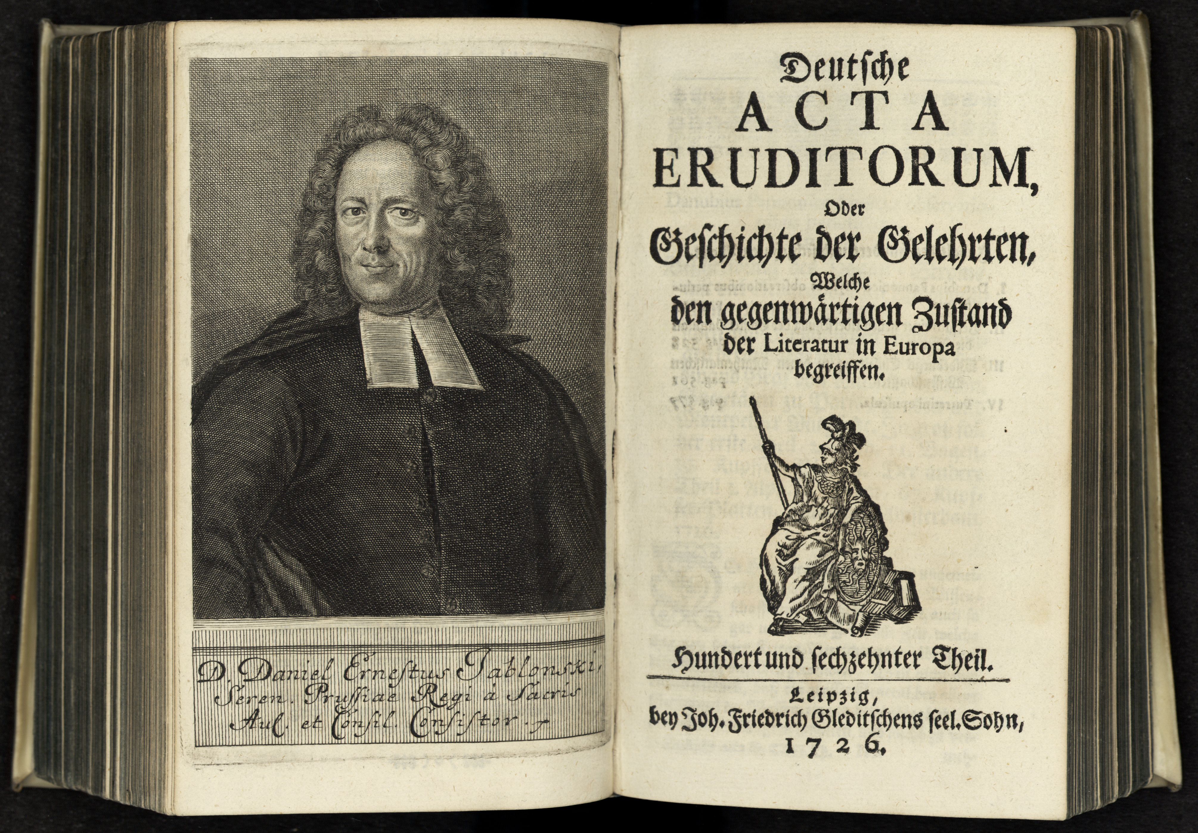 Porträt von Jablonski, Daniel Ernst  (Deutsche Acta Eruditorum., 1726, 116. T., ungez. Bl. vor S. 513. [Doppelseite])