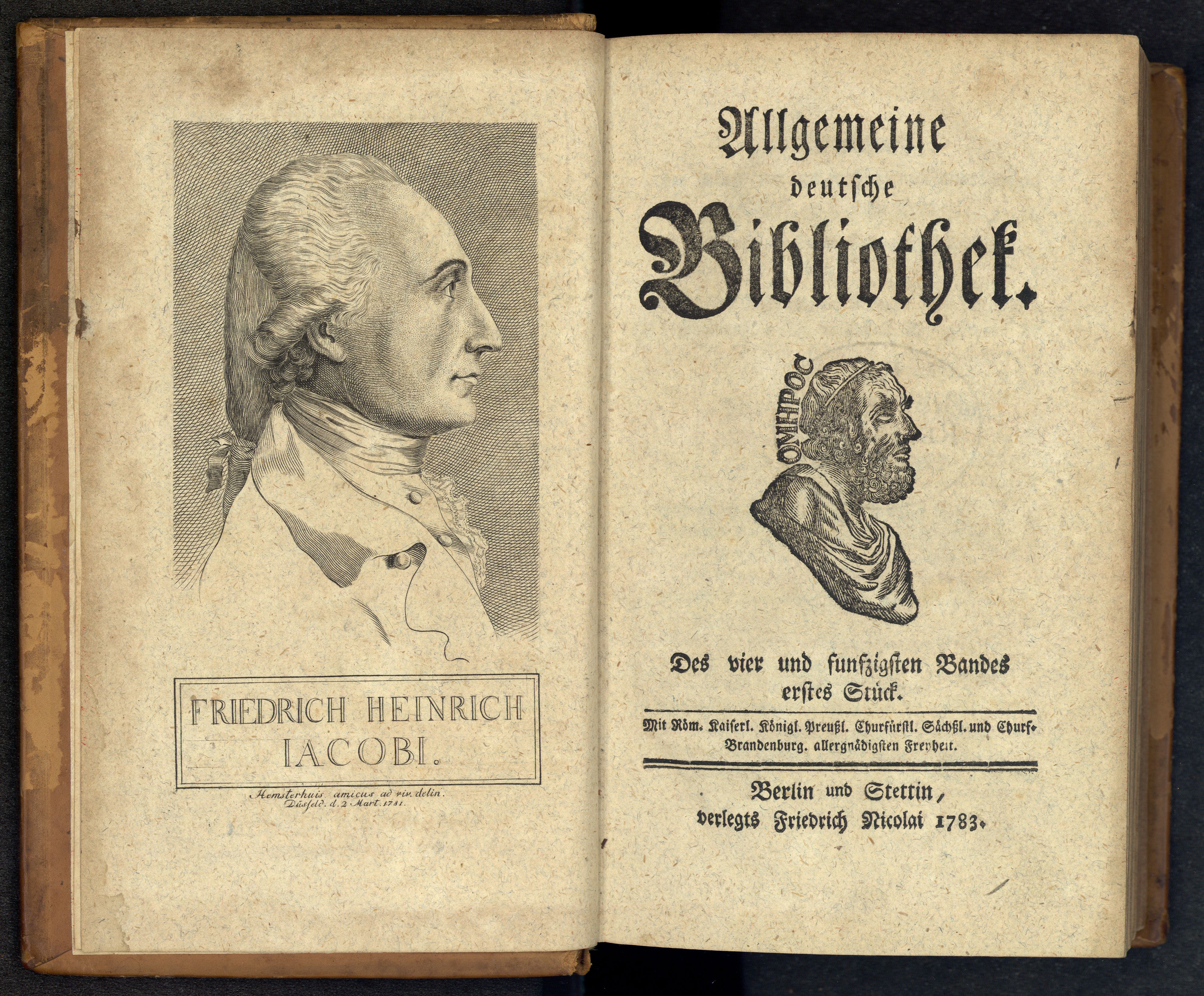 Porträt von Jacobi, Friedrich Heinrich  (Allgemeine deutsche Bibliothek., 1783, 54. Bd., 1. St., ungez. Bl. am Anf. d. Bandes. [Doppelseite])