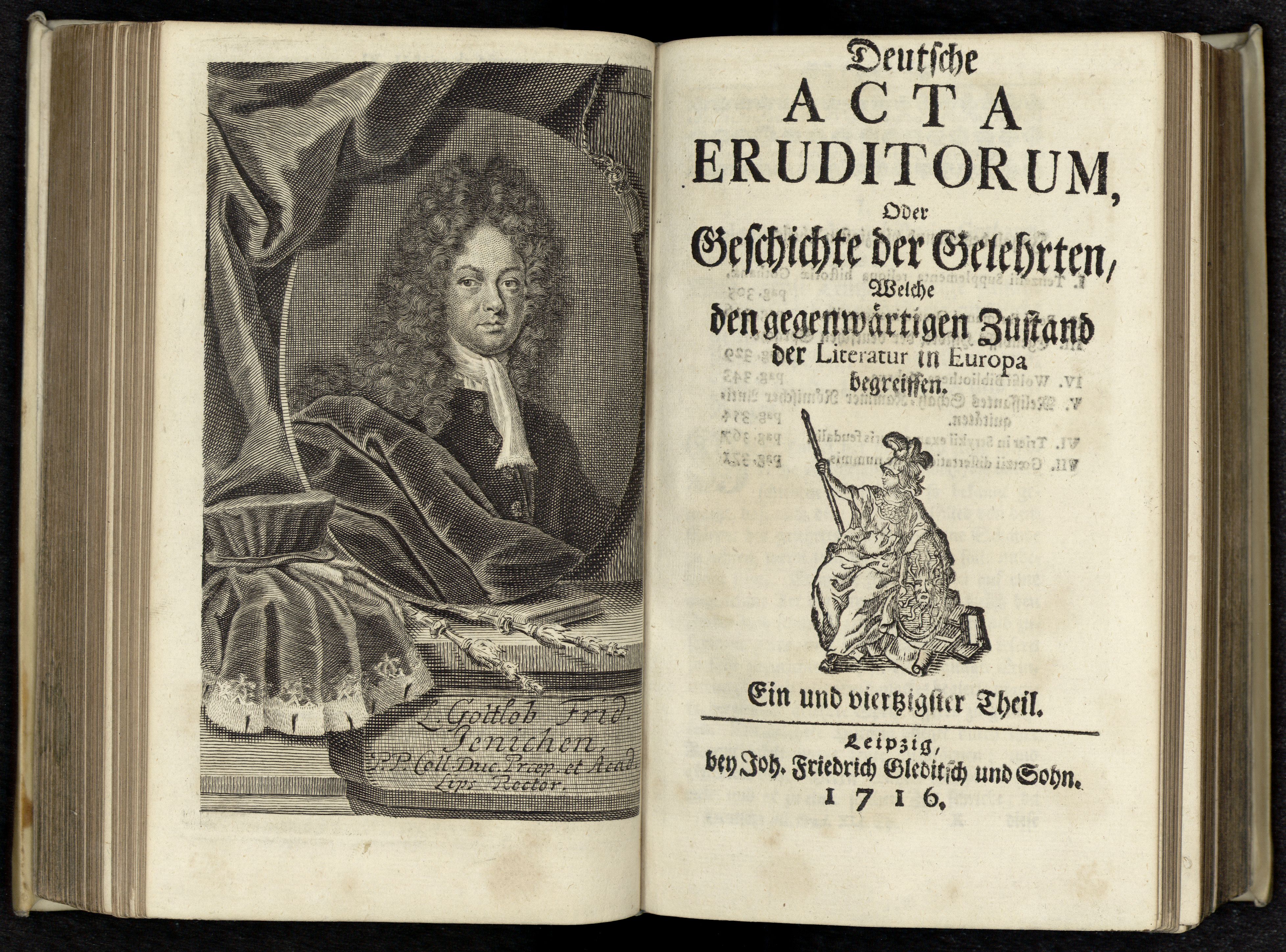 Porträt von Jenichen, Gottlob Friedrich  (Deutsche Acta Eruditorum., 1716, 41. T., ungez. Bl. vor S. 305. [Doppelseite])