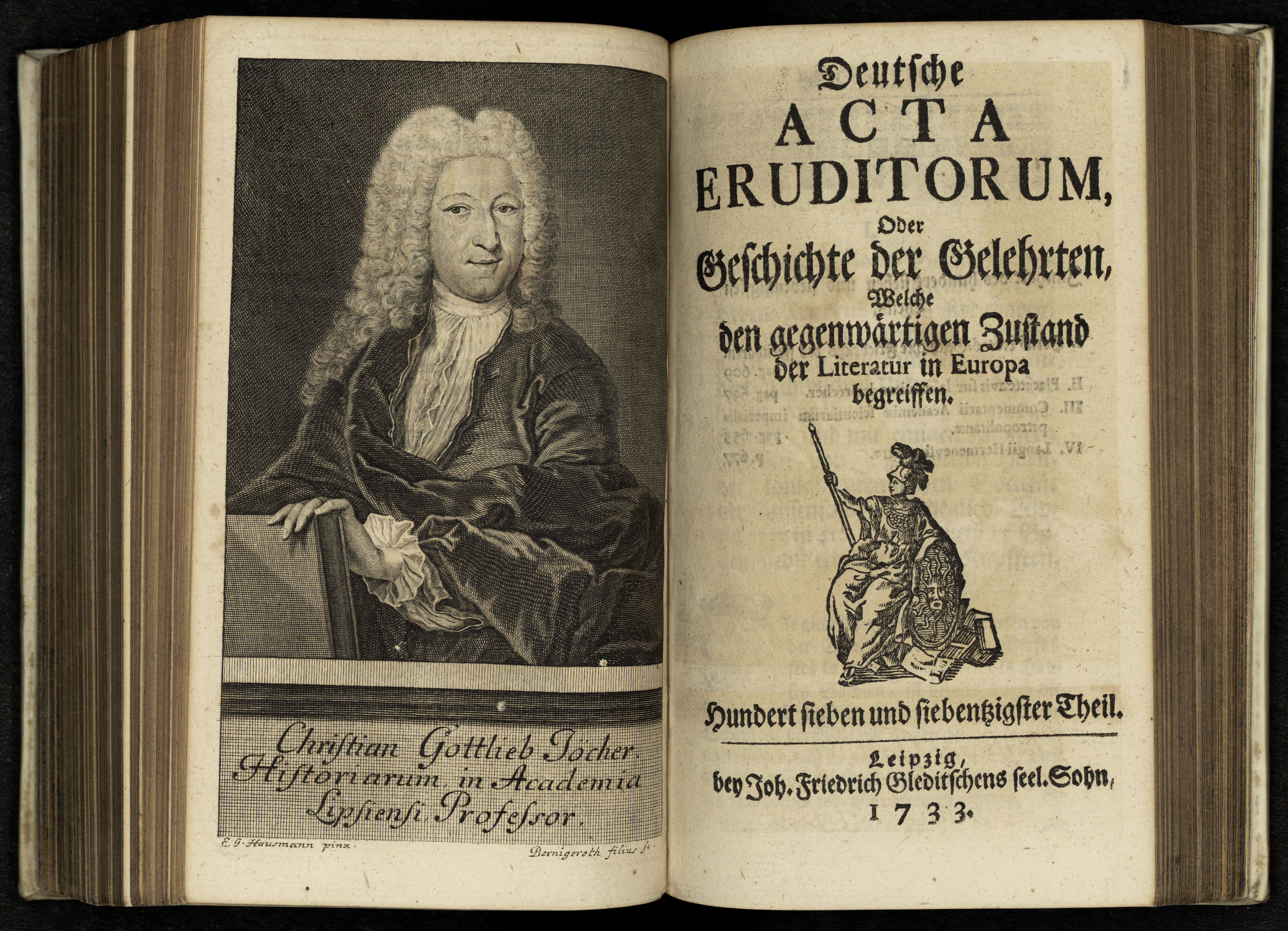 Porträt von Jöcher, Christian Gottlieb  (Deutsche Acta Eruditorum., 1733, 177. T., ungez. Bl. vor S. 609. [Doppelseite])