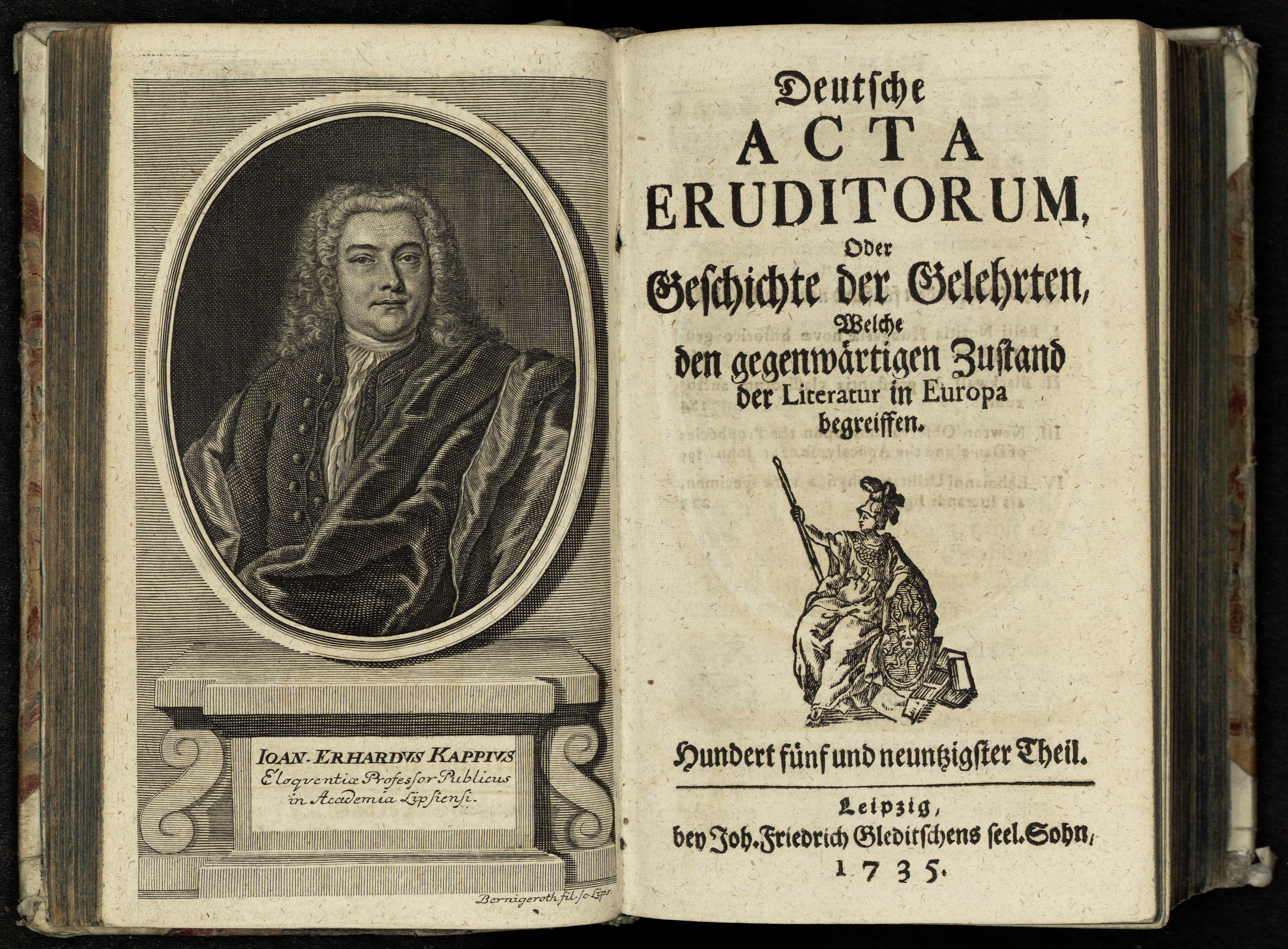 Porträt von Kapp, Johann Erhard  (Deutsche Acta Eruditorum., 1735, 195. T., ungez. Bl. vor S. 153. [Doppelseite])