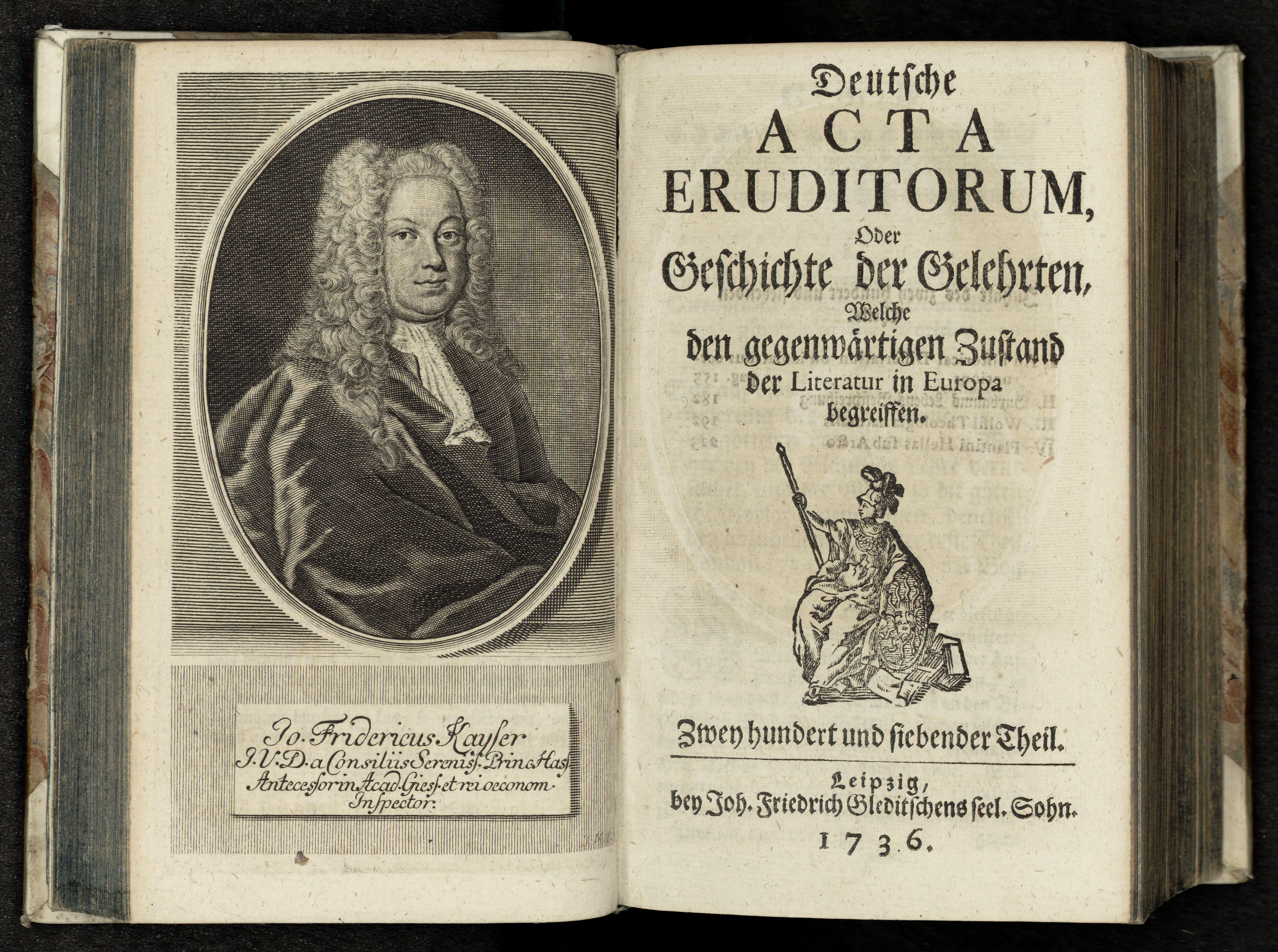Porträt von Kayser, Johann Friedrich  (Deutsche Acta Eruditorum., 1736, 207. T., ungez. Bl. vor S. 153. [Doppelseite])