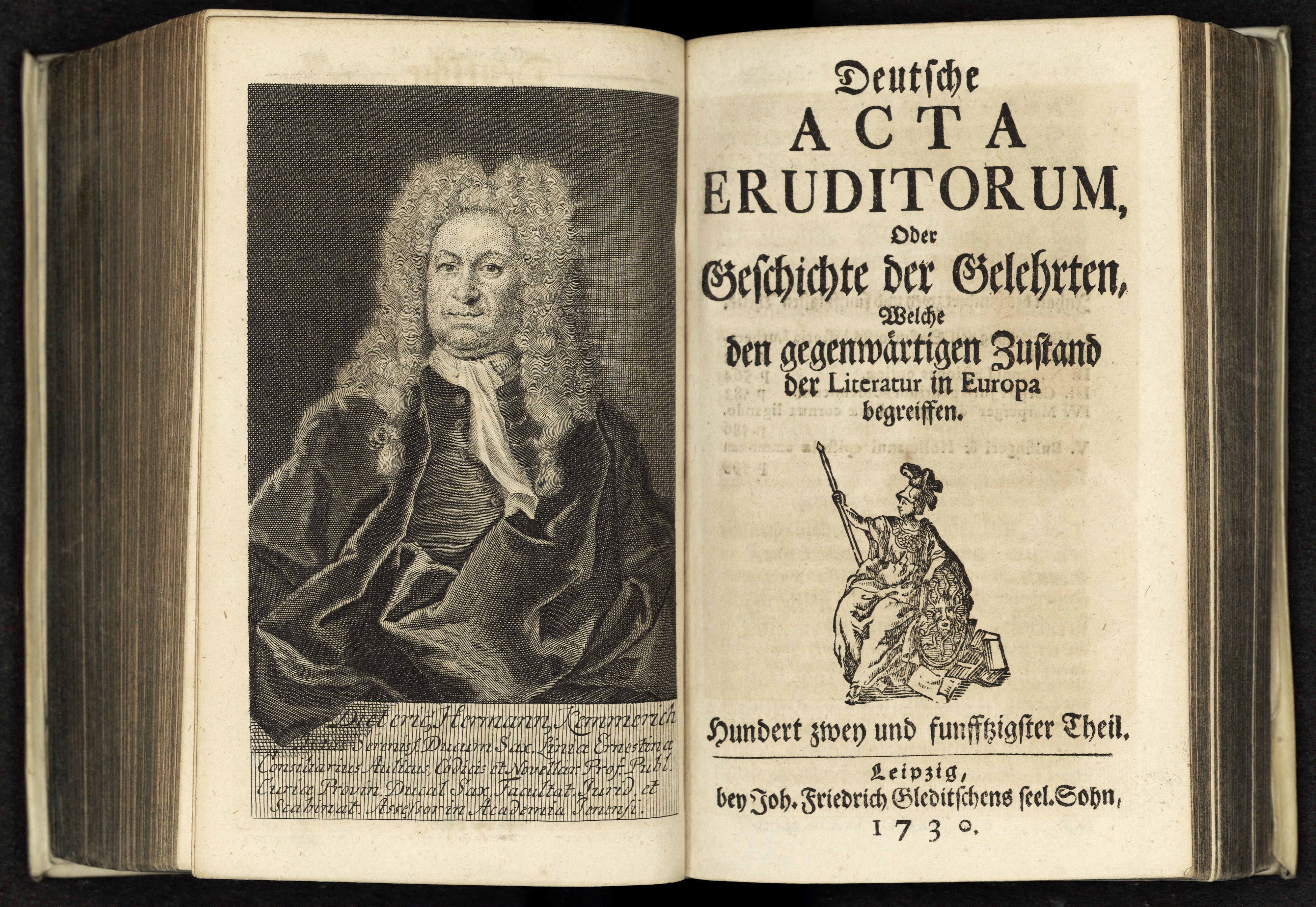 Porträt von Kemmerich, Dietrich Hermann  (Deutsche Acta Eruditorum., 1730, 152. T., ungez. Bl. vor S. 533. [Doppelseite])