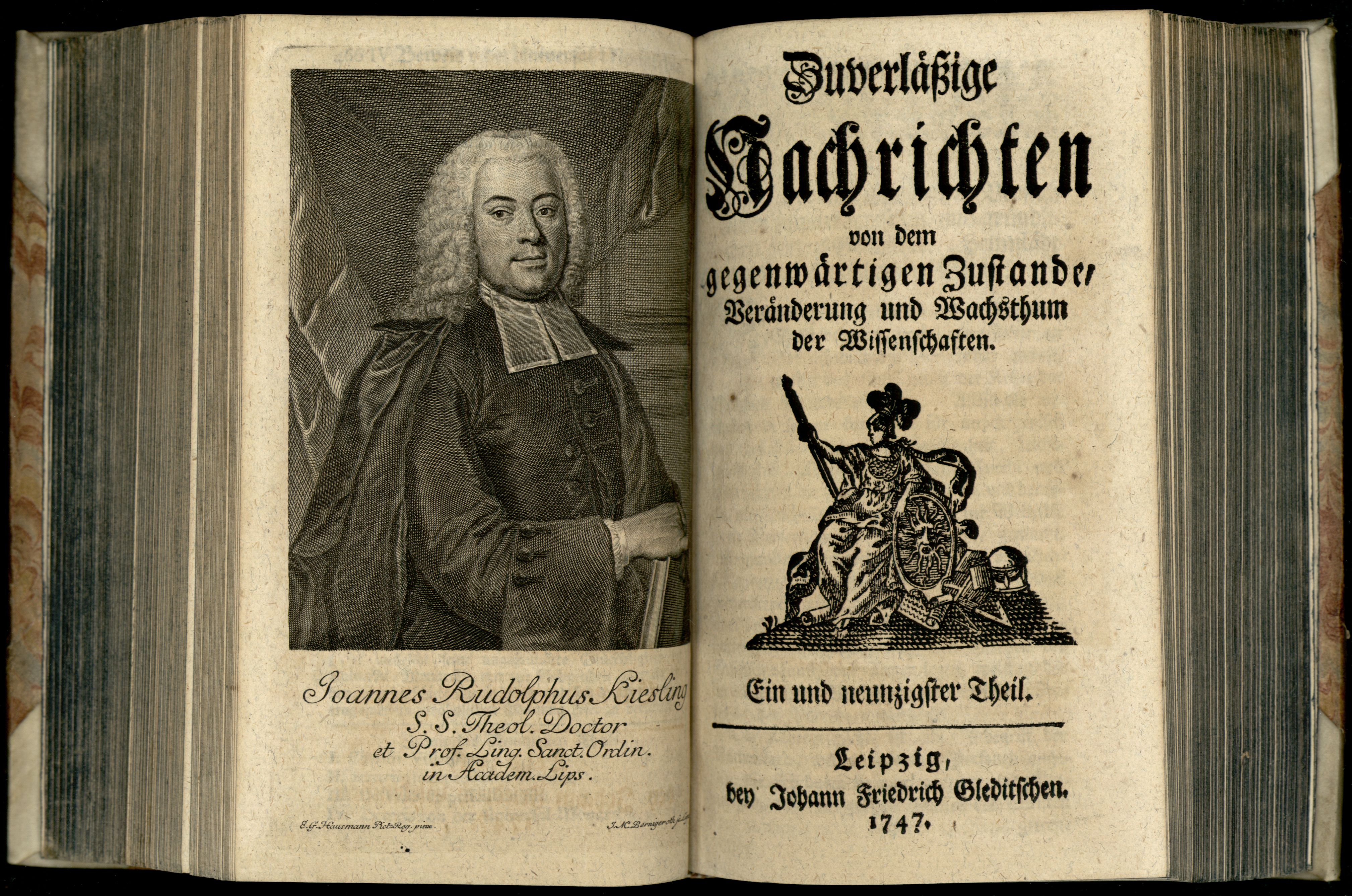 Porträt von Kiesling, Johann Rudolf  (Zuverläßige Nachrichten von dem gegenwärtigen Zustande der Wissenschaften., 1747, 91. T., ungez. Bl. vor S. 470. [Doppelseite])