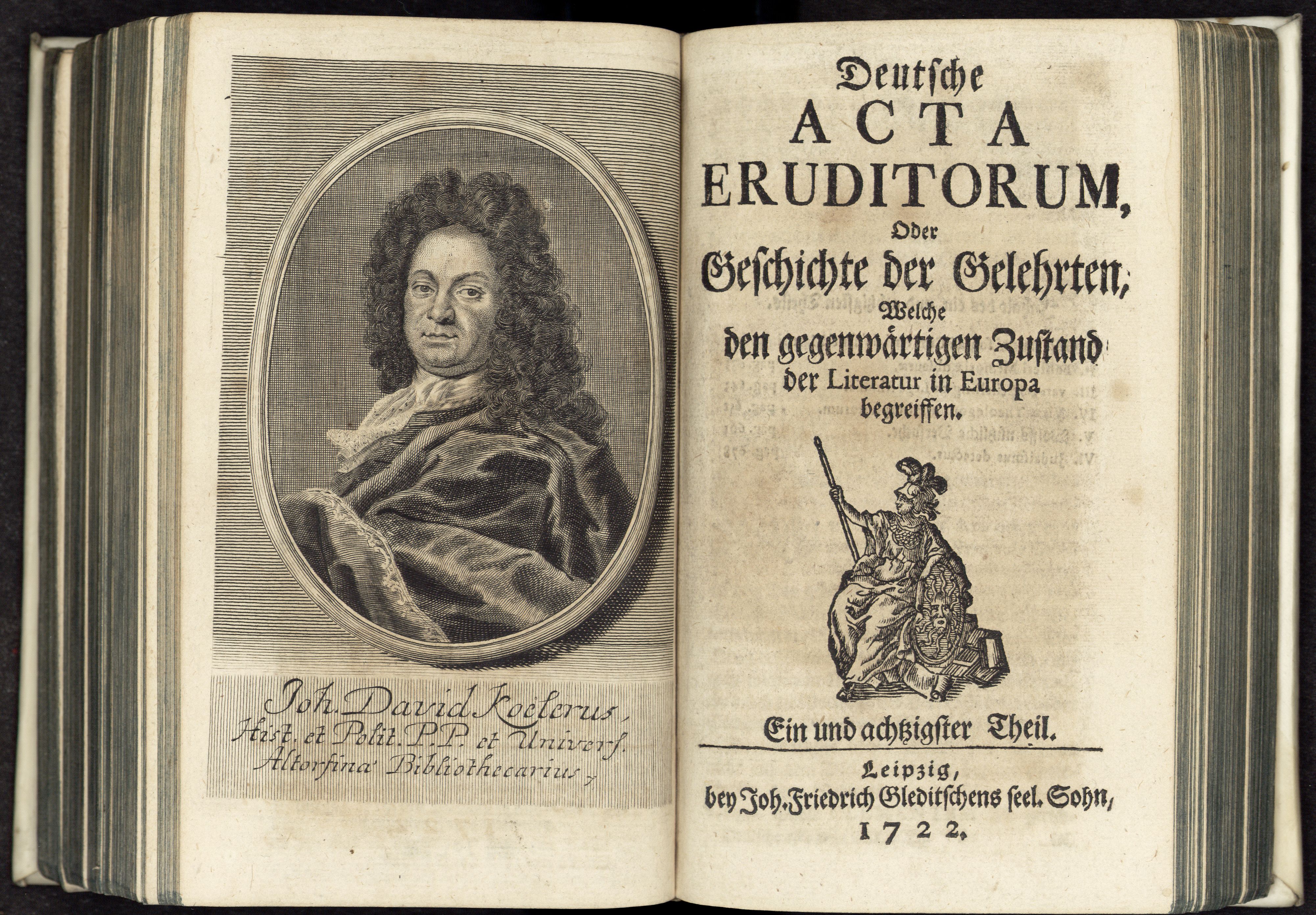 Porträt von Köhler, Johann David  (Deutsche Acta Eruditorum., 1722, 81. T., ungez. Bl. vor S. 609. [Doppelseite])
