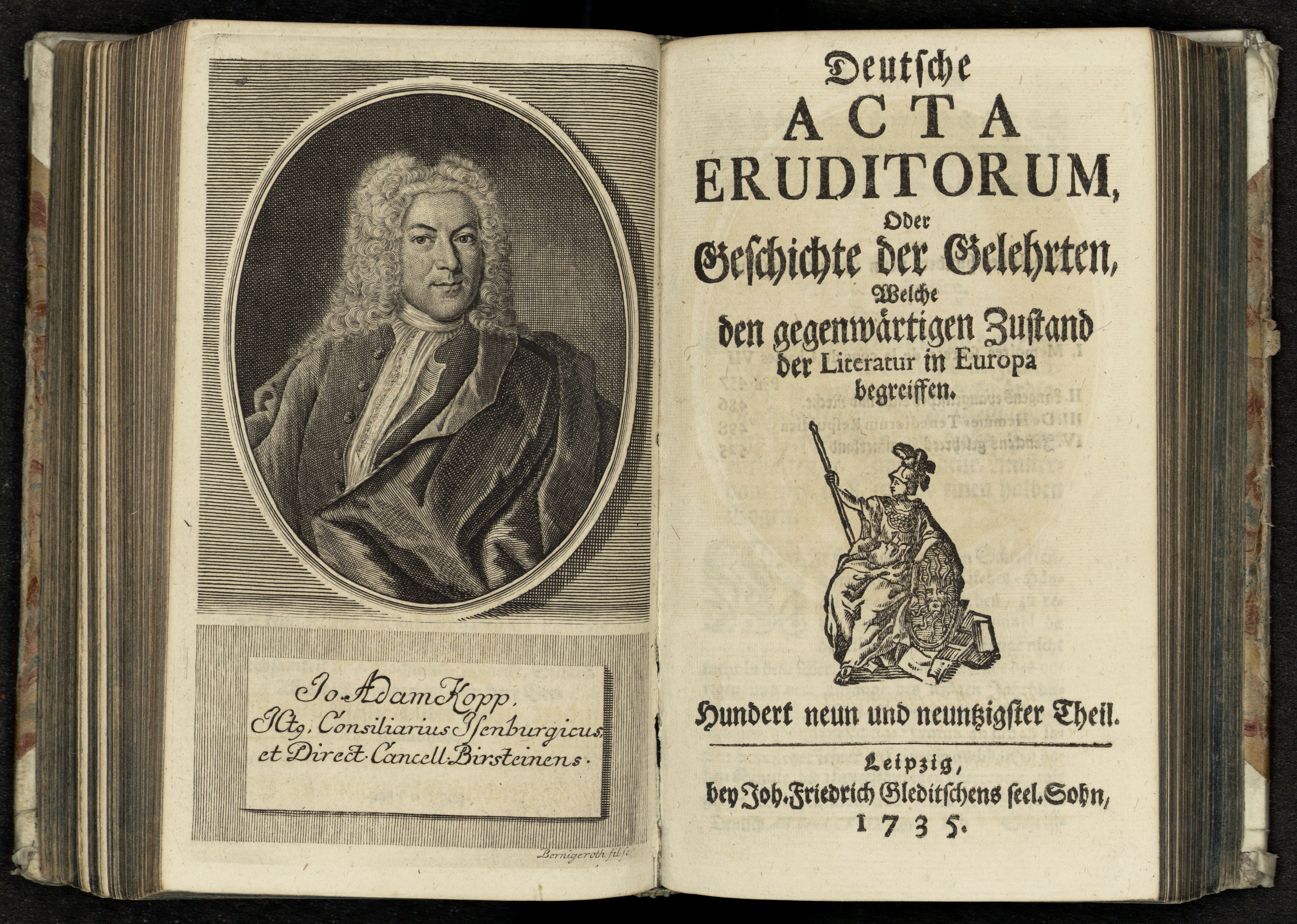 Porträt von Kopp, Johann Adam  (Deutsche Acta Eruditorum., 1735, 199. T., ungez. Bl. vor S. 457. [Doppelseite])