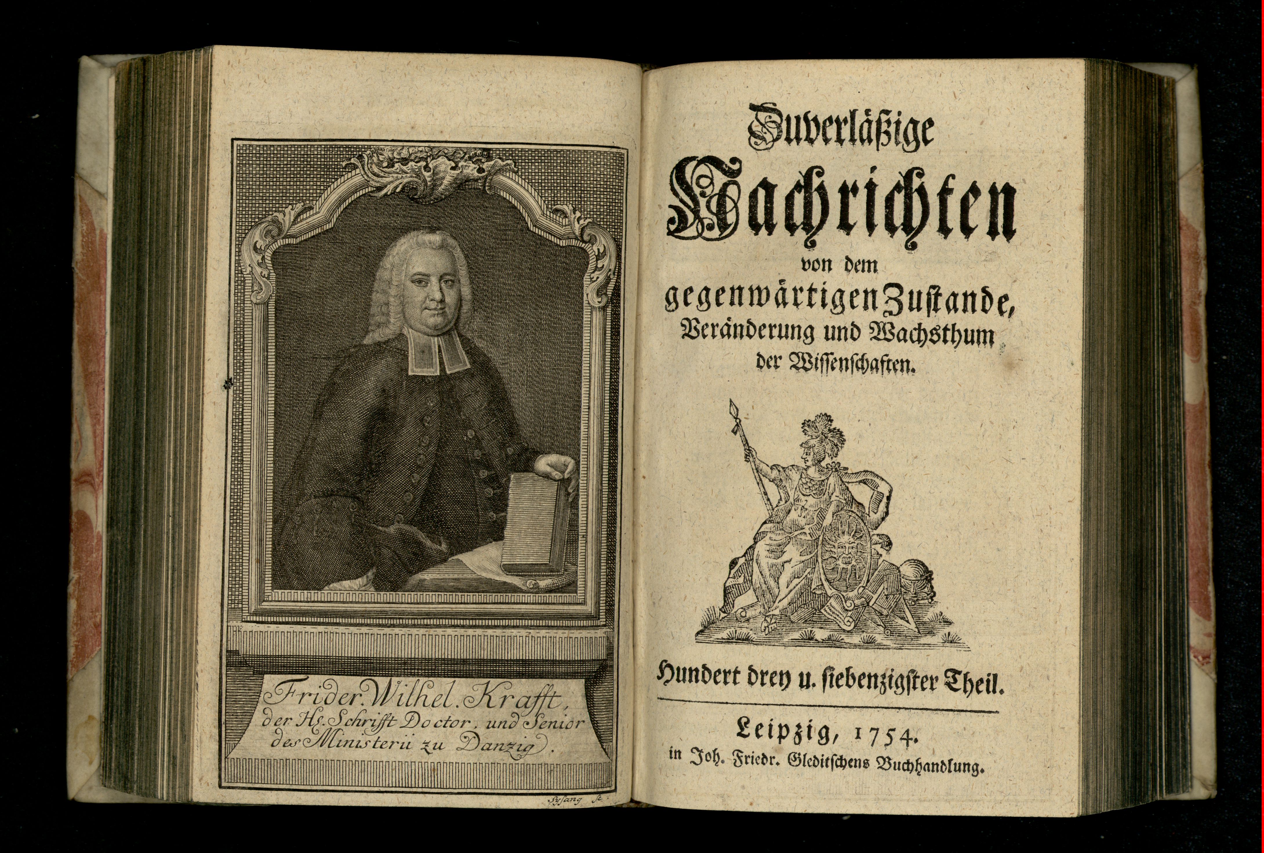 Porträt von Kraft, Friedrich Wilhelm  (Zuverläßige Nachrichten von dem gegenwärtigen Zustande der Wissenschaften., 1754, 173. T., ungez. Bl. vor S. 316. [Doppelseite])