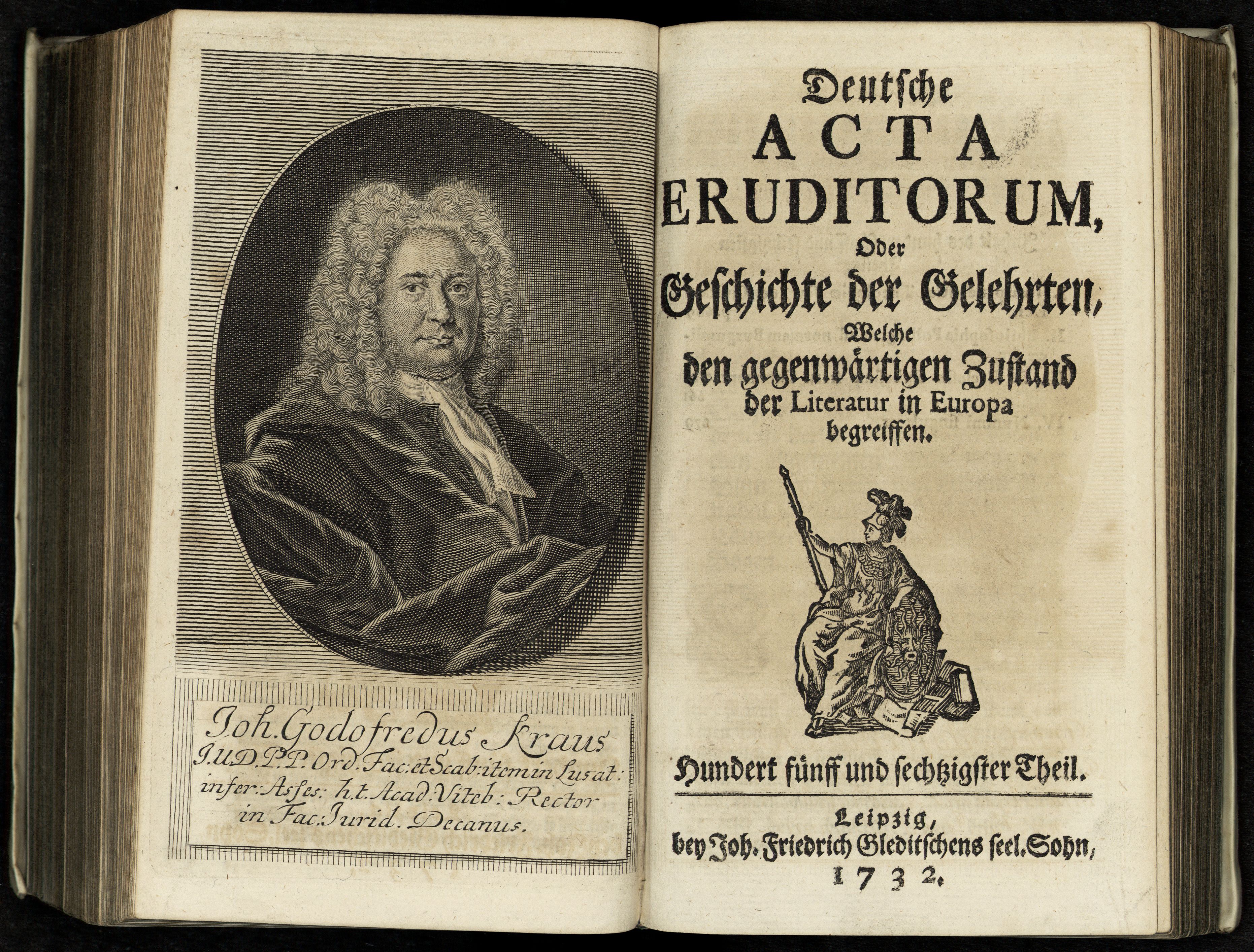 Porträt von Kraus, Johann Gottfried  (Deutsche Acta Eruditorum., 1732, 165. T., ungez. Bl. vor S. 609. [Doppelseite])