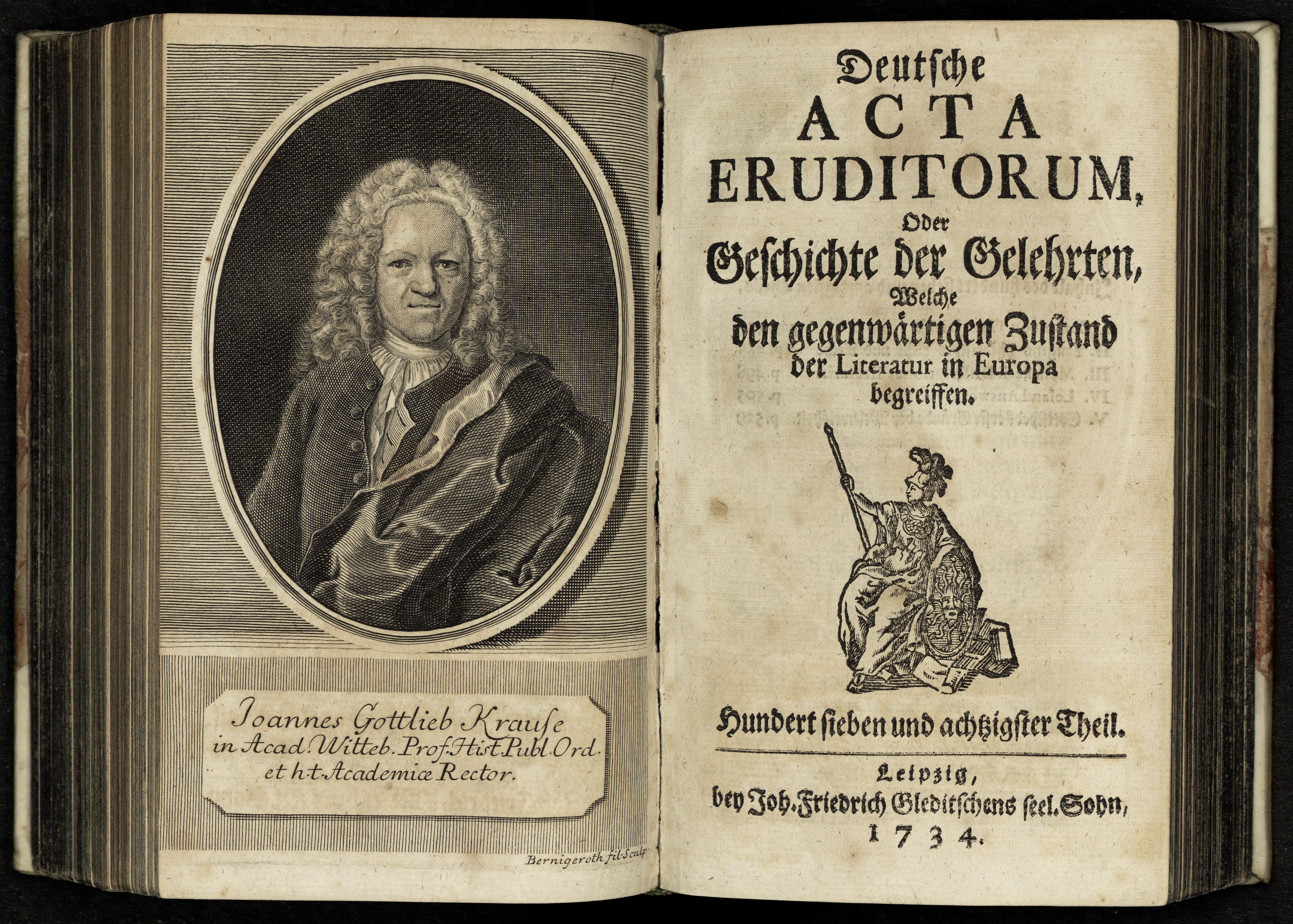 Porträt von Krause, Johann Gottlieb  (Deutsche Acta Eruditorum., 1734, 187. T., ungez. Bl. vor S. 457. [Doppelseite])
