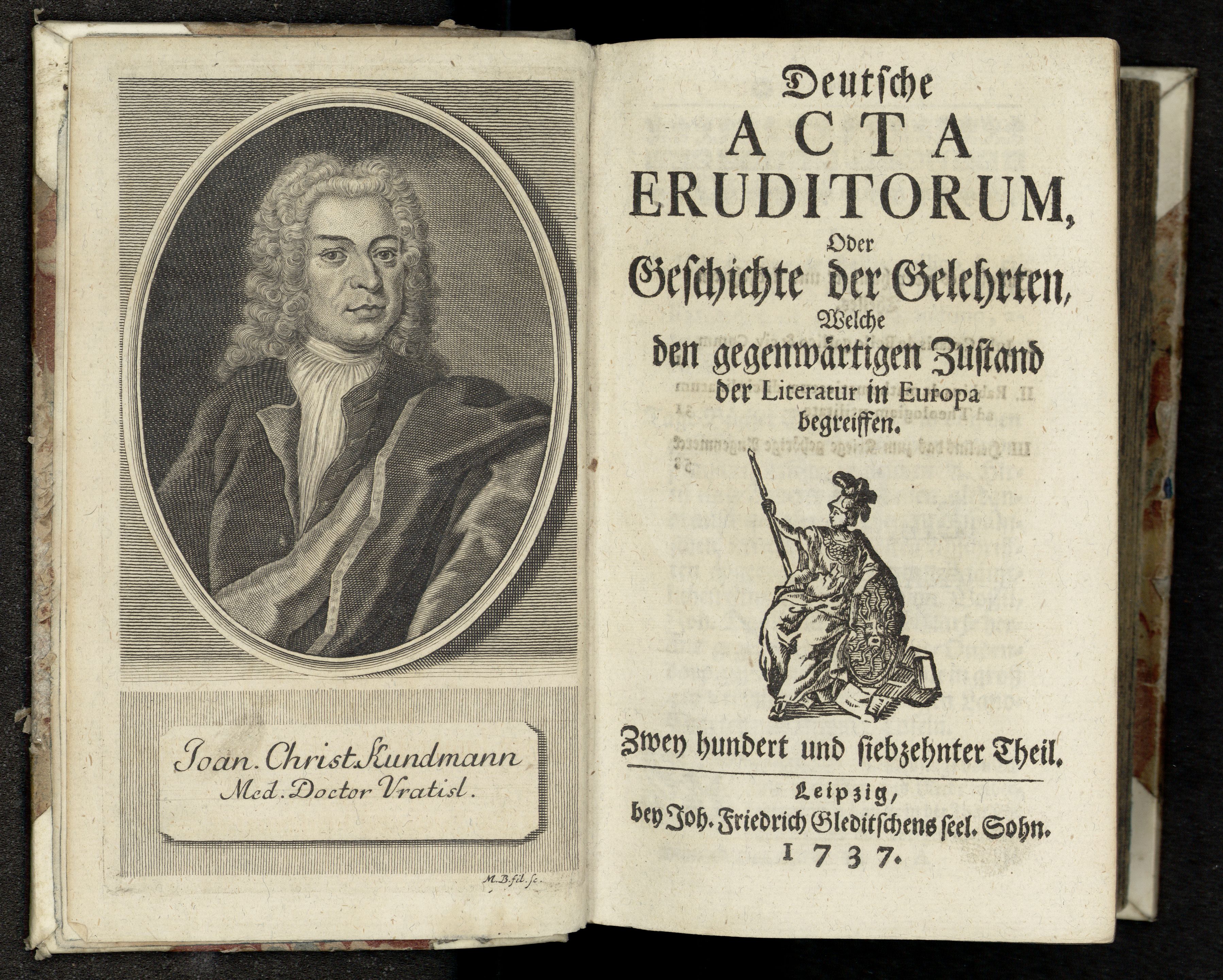 Porträt von Kundmann, Johann Christian  (Deutsche Acta Eruditorum., 1737, 217. T., ungez. Bl. am Anfang d. Bandes. [Doppelseite])
