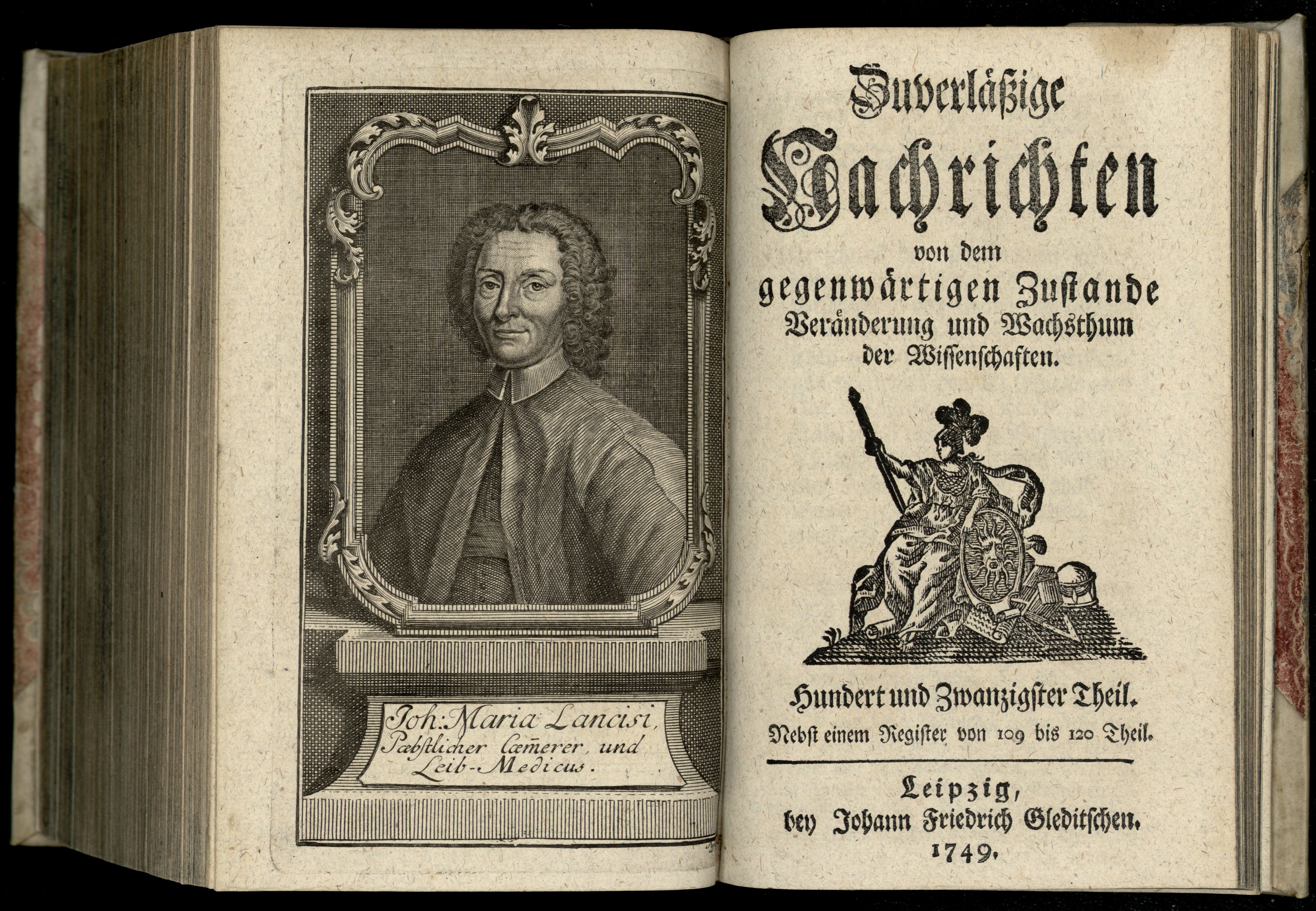 Porträt von Lancisi, Giovanni Maria  (Zuverläßige Nachrichten von dem gegenwärtigen Zustande der Wissenschaften., 1749, 120. T., ungez. Bl. vor S. 868. [Doppelseite])