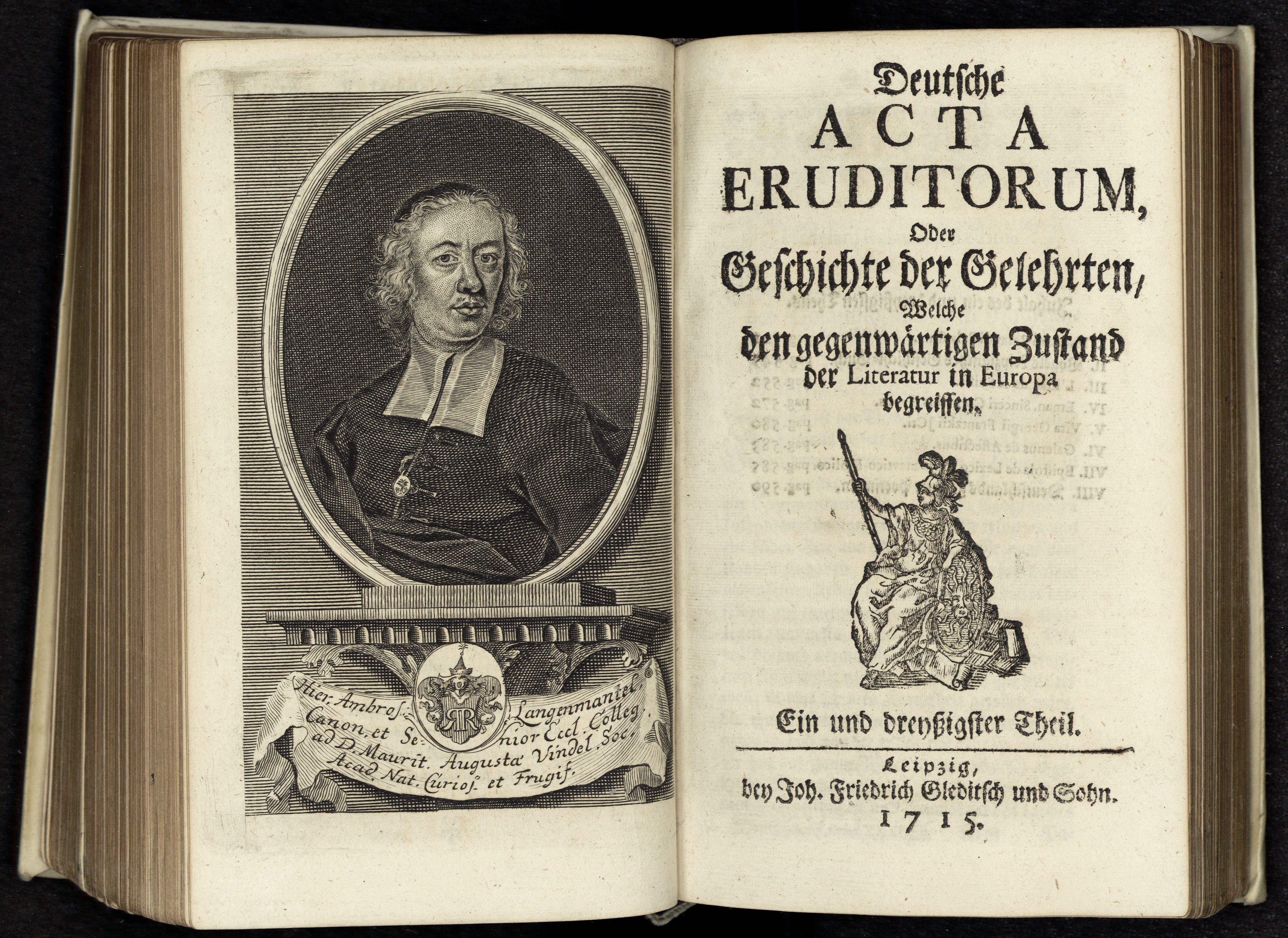 Porträt von Langenmantel, Hieronymus Ambrosius  (Deutsche Acta Eruditorum., 1715, 31. T., ungez. Bl. vor S. 521. [Doppelseite])