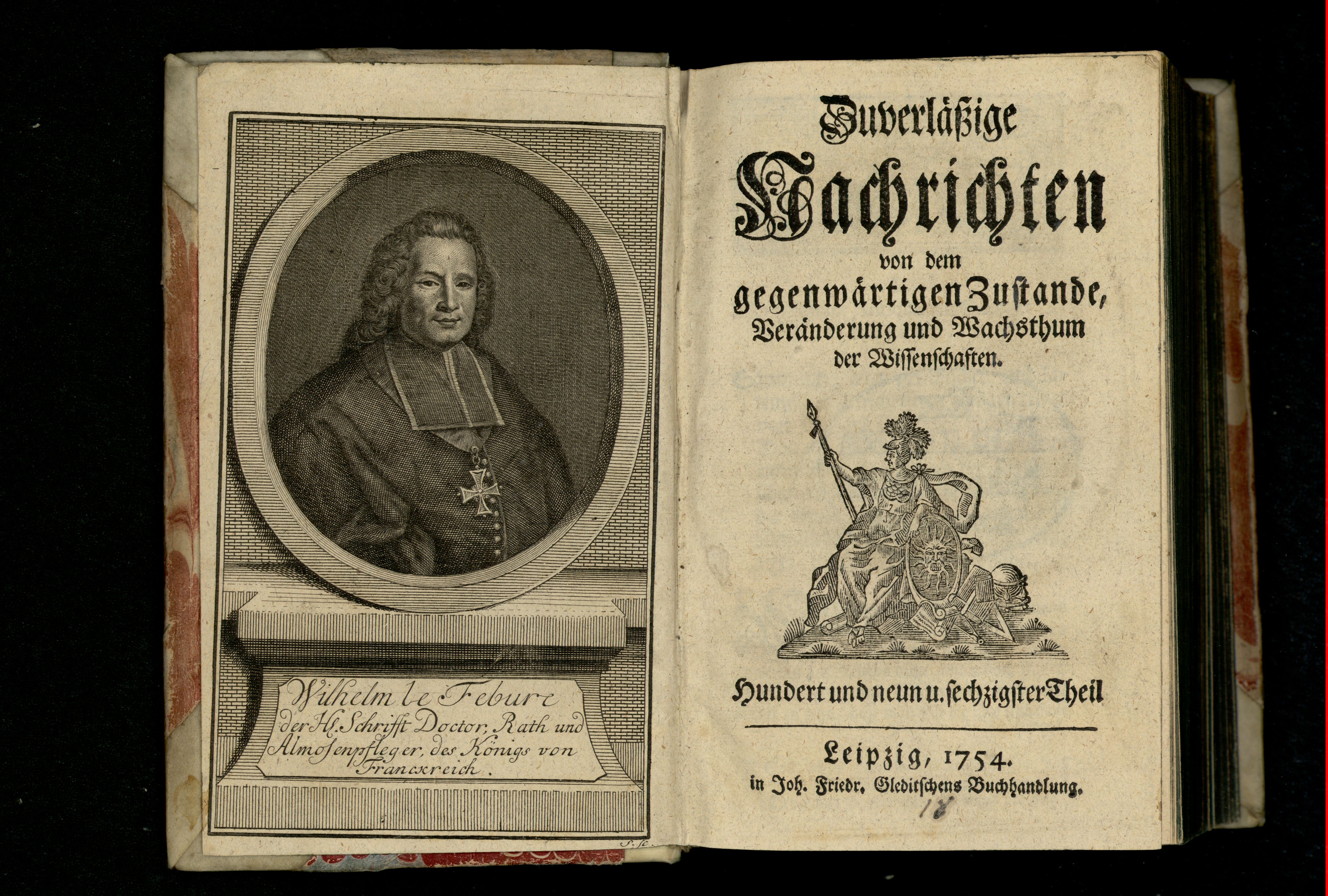 Porträt von Le Febure, Guillaume  (Zuverläßige Nachrichten von dem gegenwärtigen Zustande der Wissenschaften., 1754, 169. T., ungez. Bl. am Anf. d. Bandes. [Doppelseite])