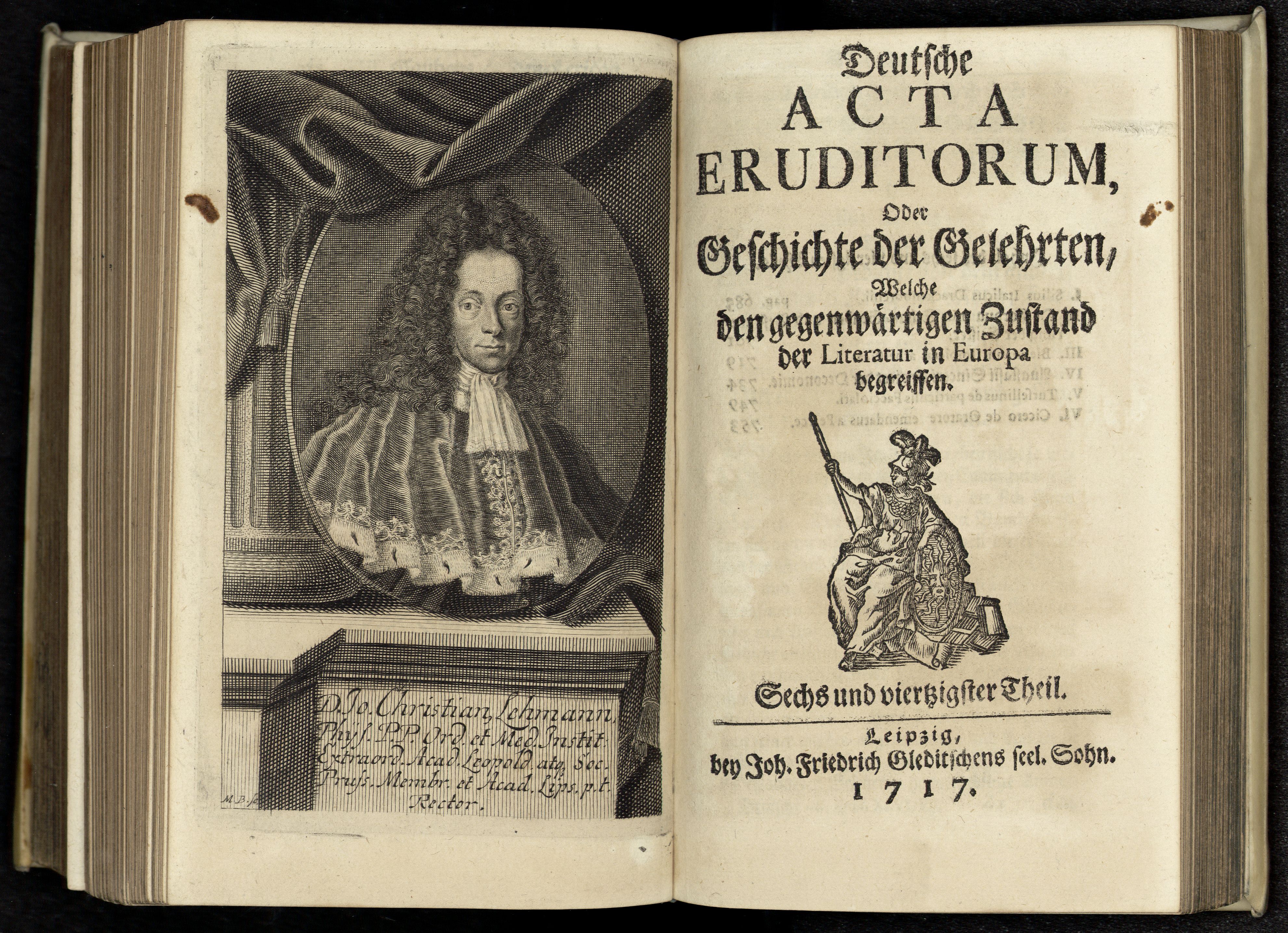 Porträt von Lehmann, Johann Christian  (Deutsche Acta Eruditorum., 1717, 46. T., ungez. Bl. vor S. 685. [Doppelseite])