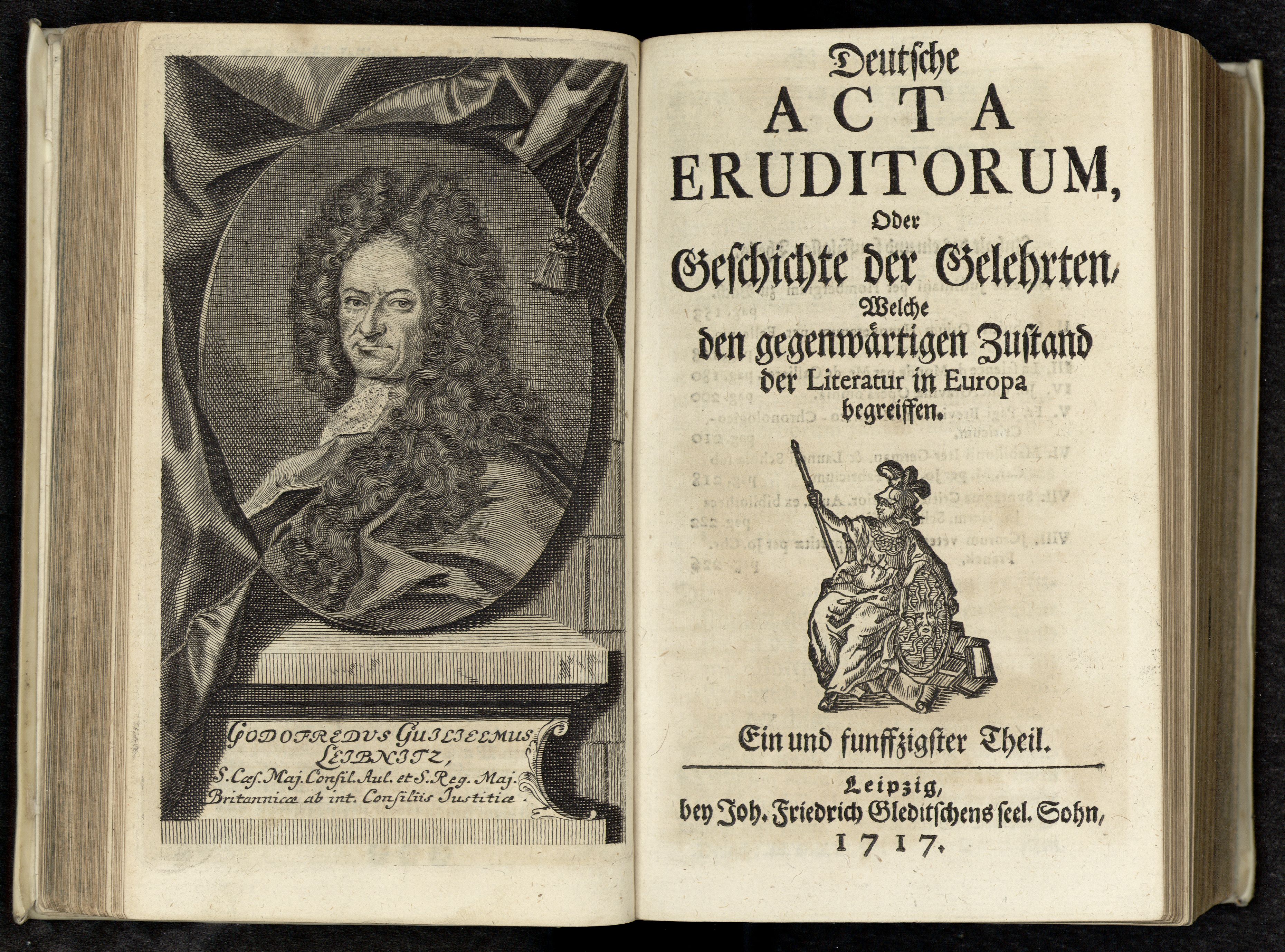 Porträt von Leibniz, Gottfried Wilhelm  (Deutsche Acta Eruditorum., 1717, 51. T., ungez. Bl. vor S. 153. [Doppelseite])