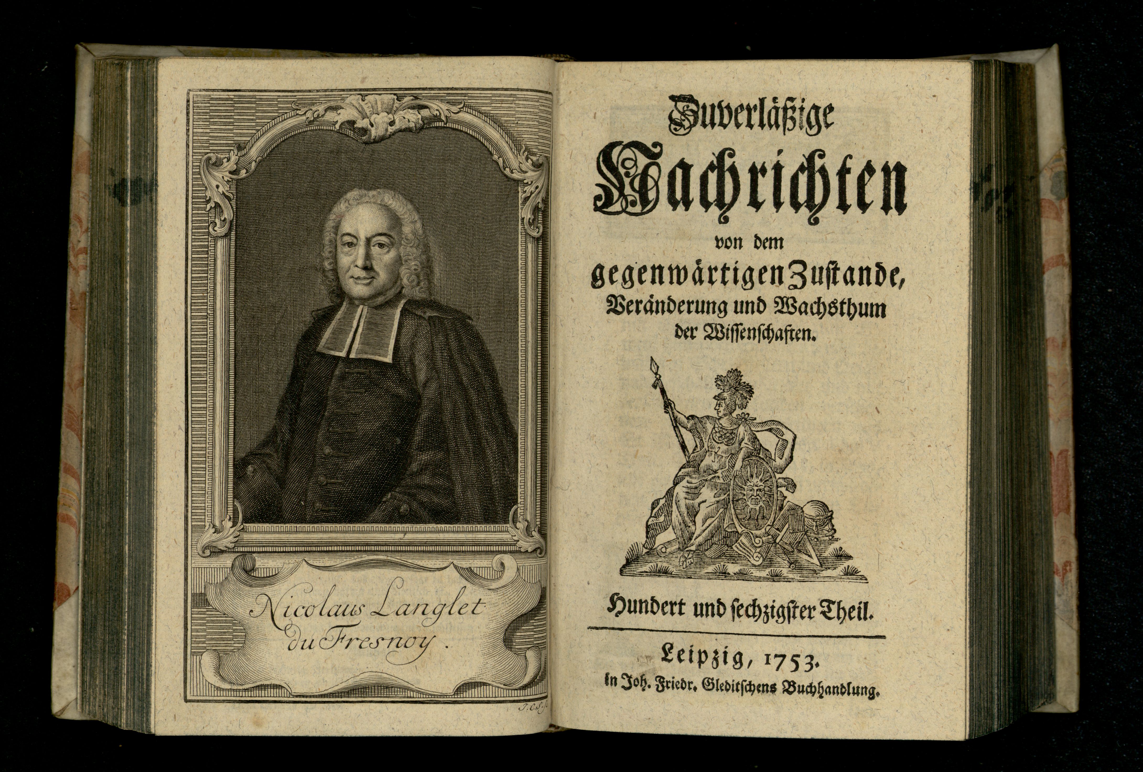 Porträt von Lenglet Du Fresnoy, Nicolas  (Zuverläßige Nachrichten von dem gegenwärtigen Zustande der Wissenschaften., 1753, 160. T., ungez. Bl. vor S. 242. [Doppelseite])