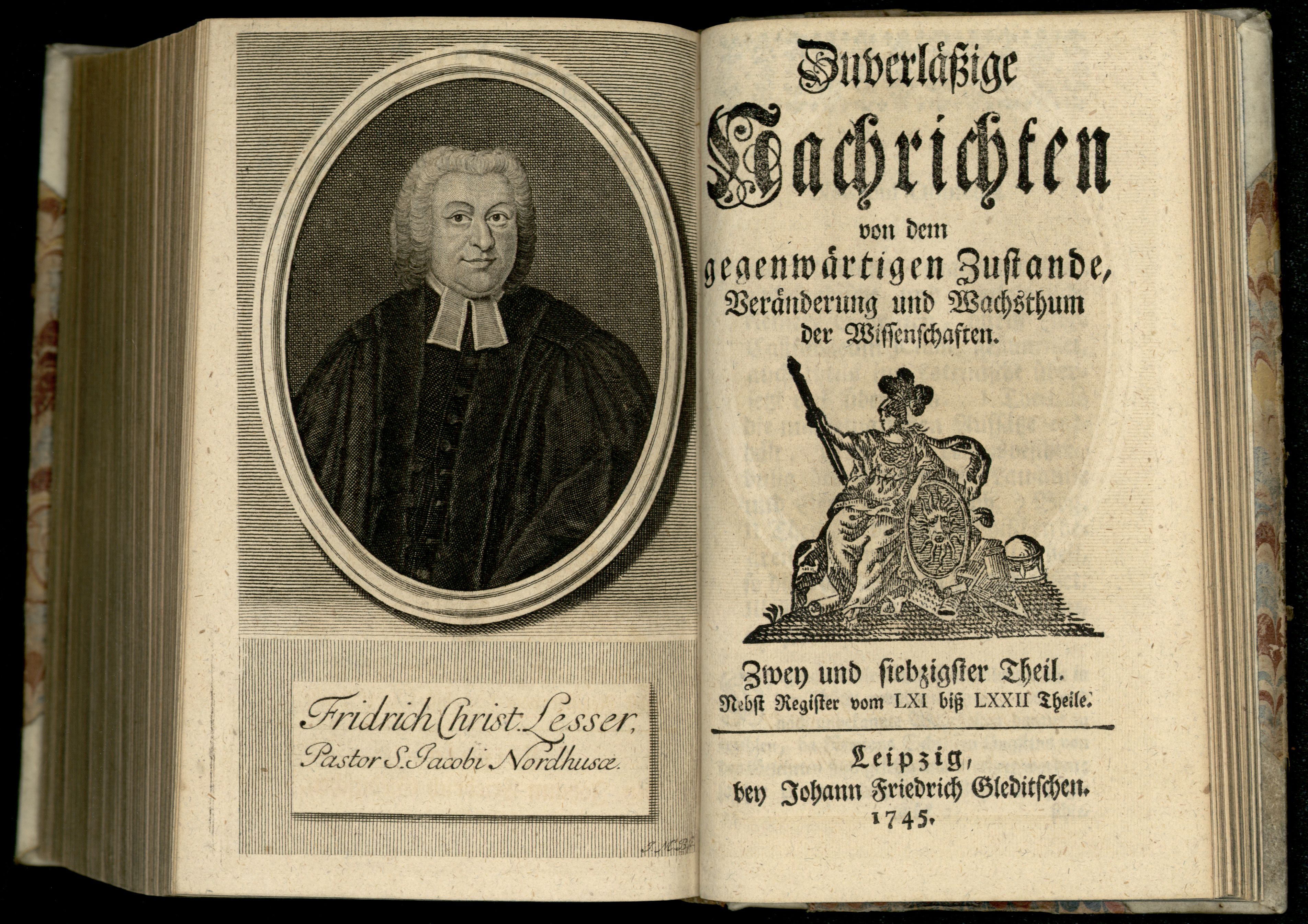 Porträt von Lesser, Friedrich Christian  (Zuverläßige Nachrichten von dem gegenwärtigen Zustande der Wissenschaften., 1745, 72. T., ungez. Bl. vor S. 844. [Doppelseite])