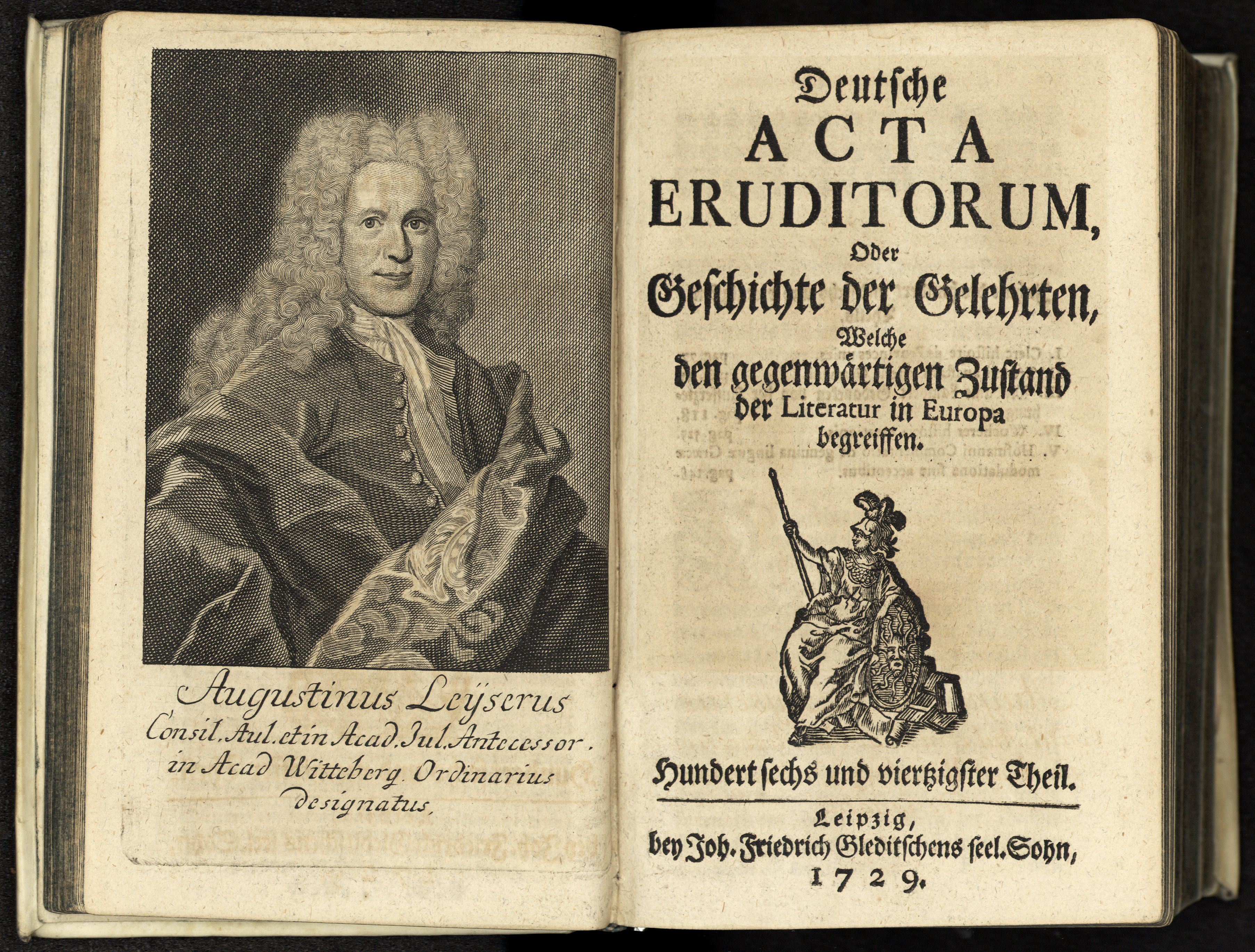 Porträt von Leyser, Augustin von  (Deutsche Acta Eruditorum., 1729, 146. T., ungez. Bl. vor S. 77. [Doppelseite])