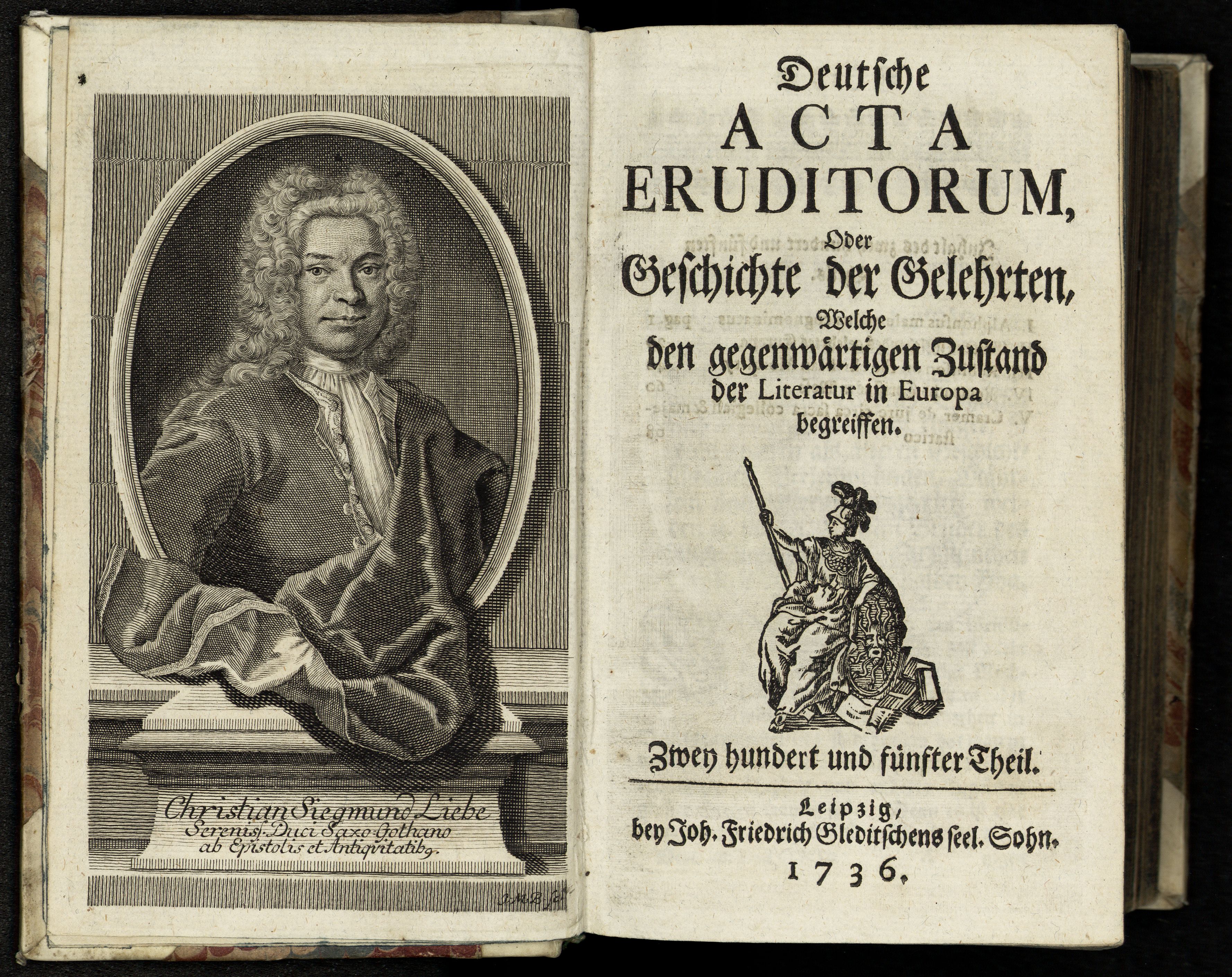 Porträt von Liebe, Christian Sigismund  (Deutsche Acta Eruditorum., 1736, 205. T., ungez. Bl. am Anfang d. Bandes. [Doppelseite])