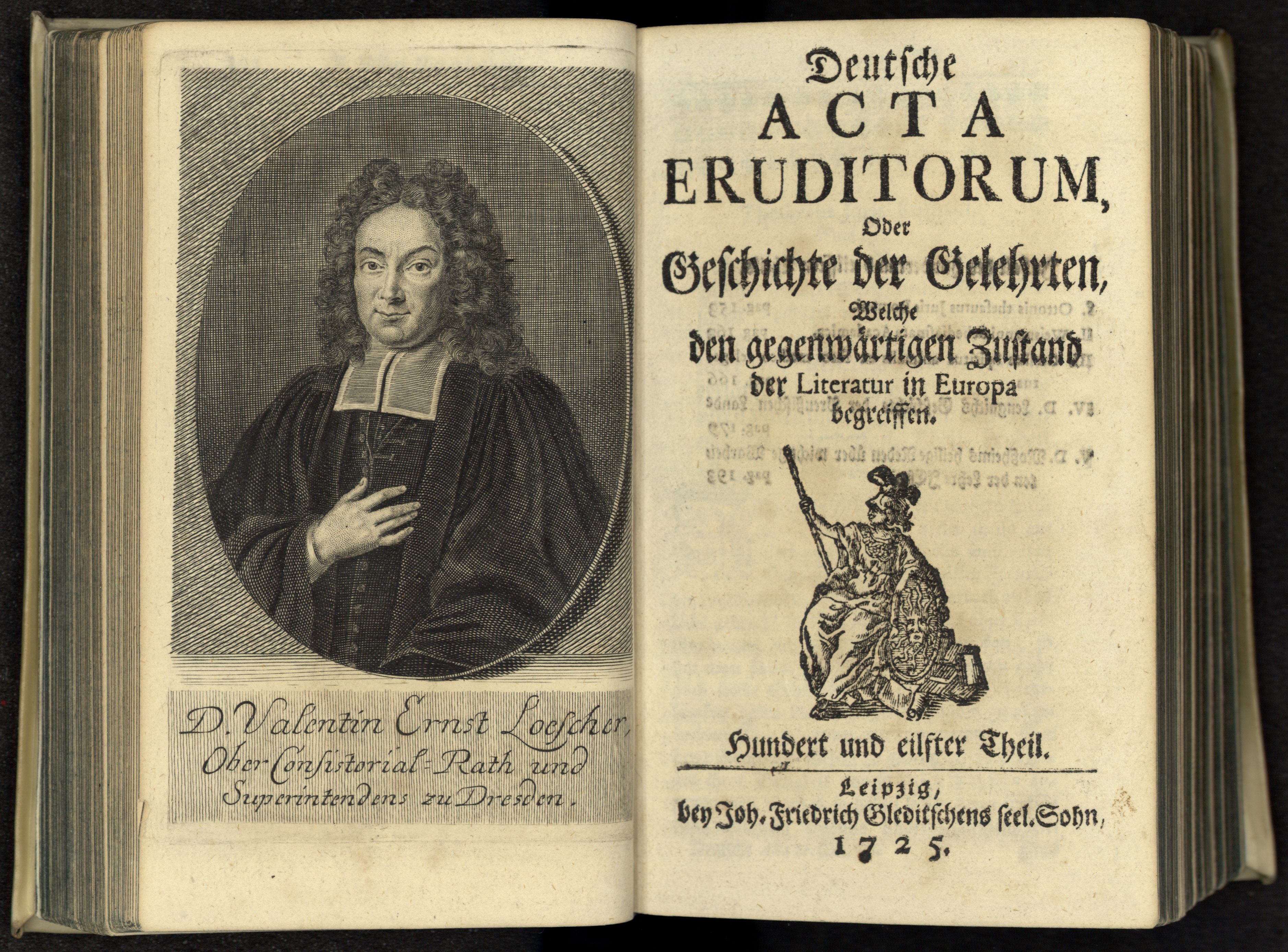 Porträt von Löscher, Valentin Ernst  (Deutsche Acta Eruditorum., 1725, 111. T., ungez. Bl. vor S. 153. [Doppelseite])