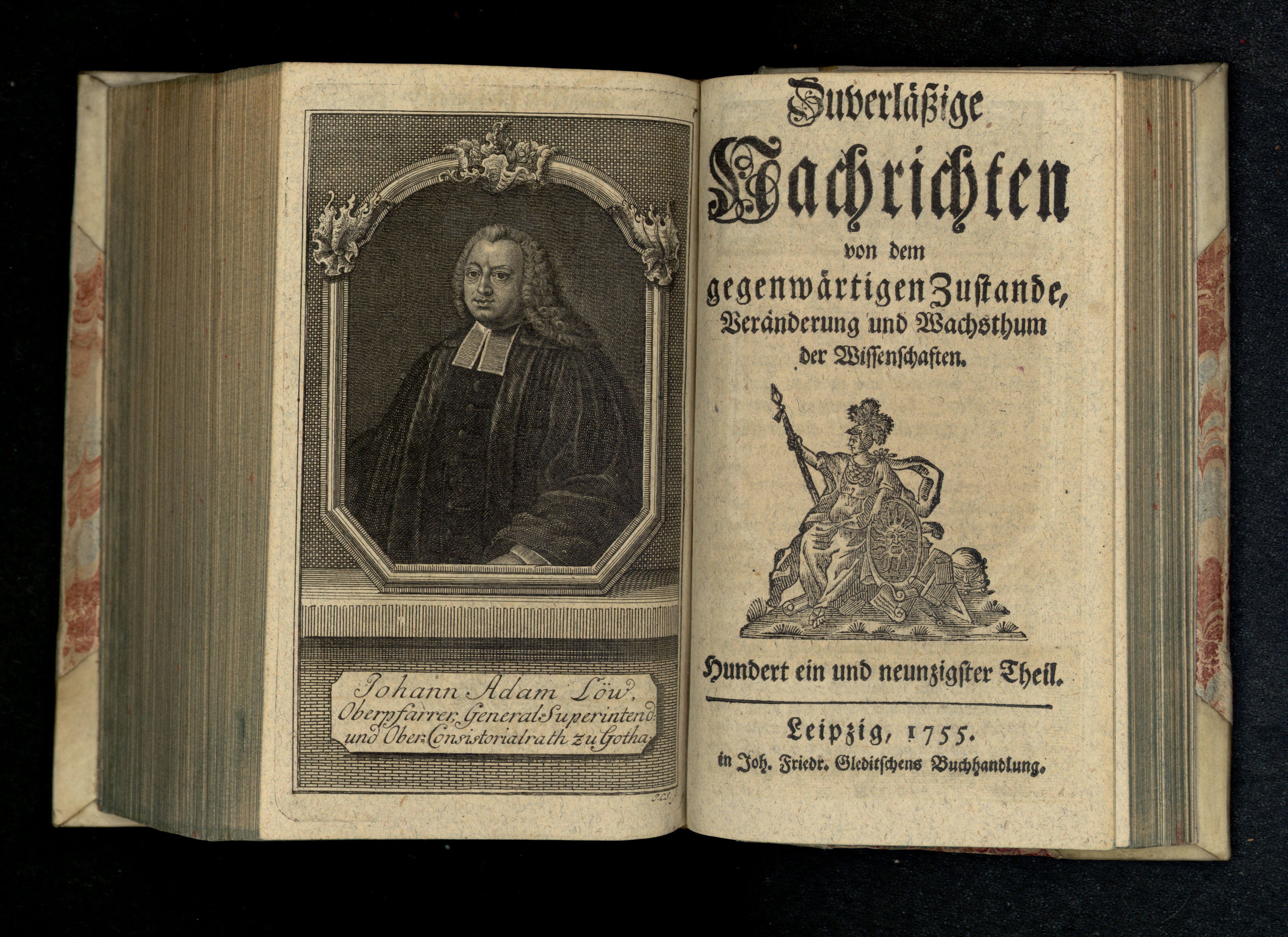 Porträt von Löw, Johann Adam  (Zuverläßige Nachrichten von dem gegenwärtigen Zustande der Wissenschaften., 1755, 191. T., ungez. Bl. vor S. 776. [Doppelseite])