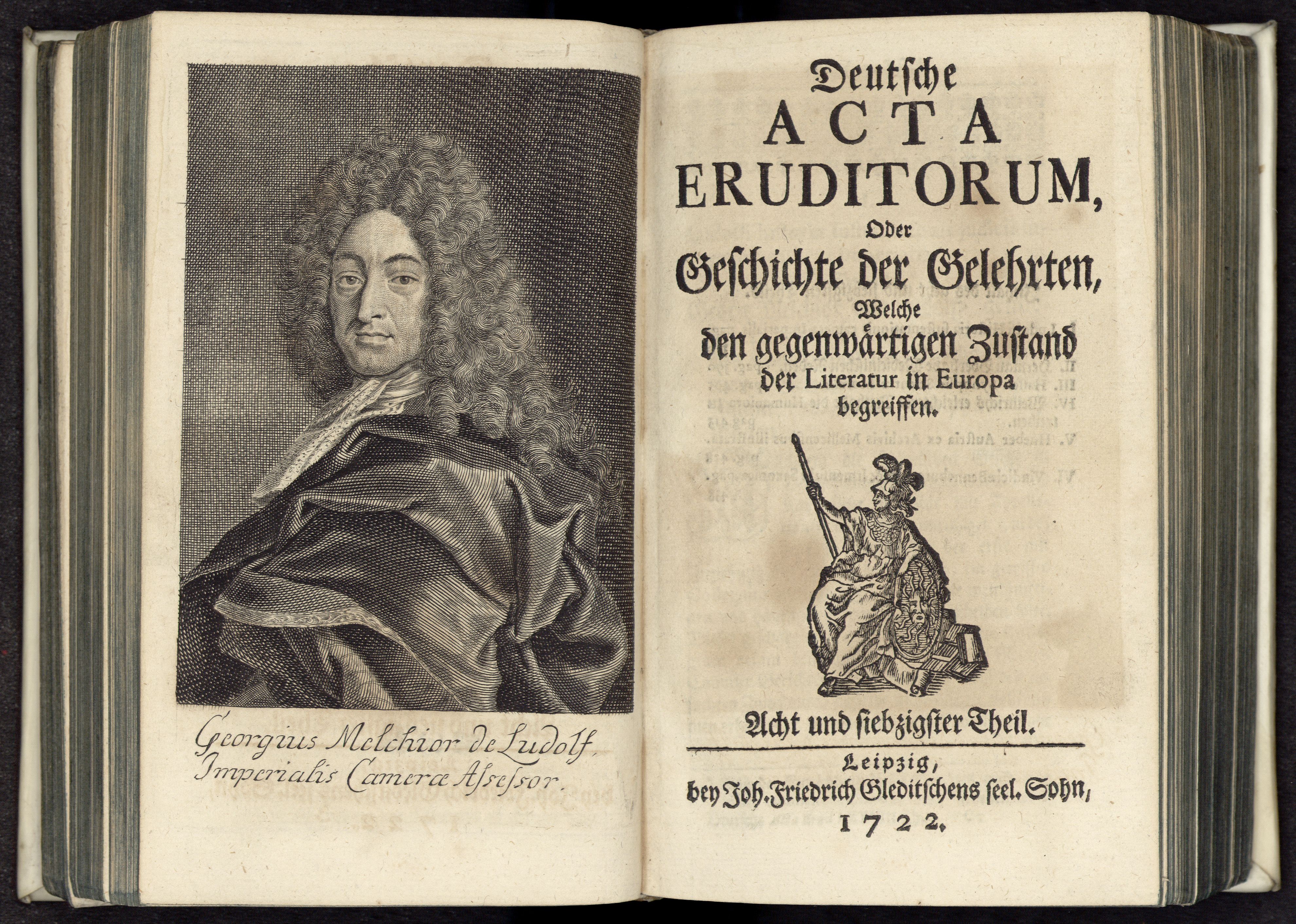 Porträt von Ludolf, Georg Melchior von  (Deutsche Acta Eruditorum., 1722, 78. T., ungez. Bl. vor S. 379. [Doppelseite])