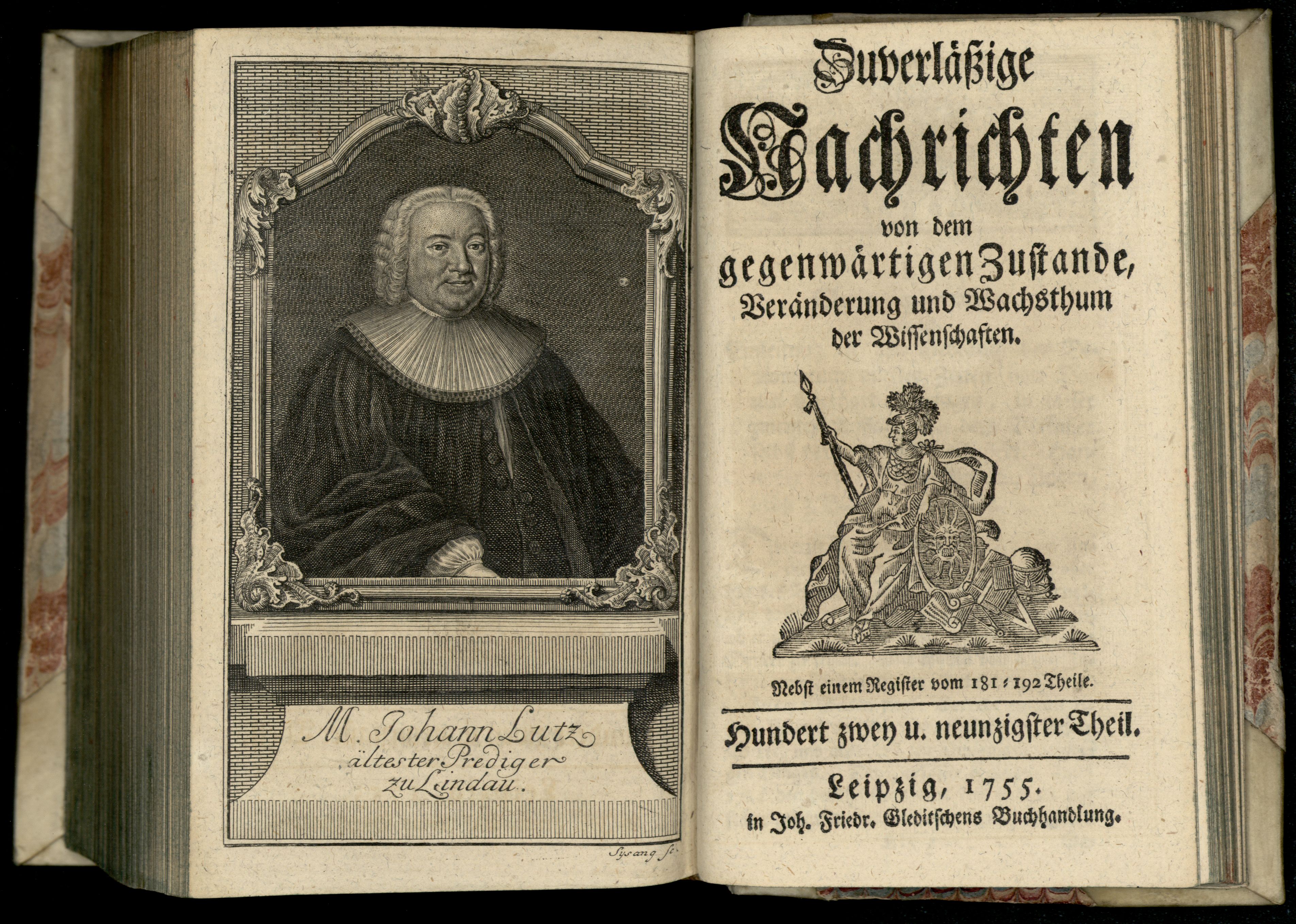 Porträt von Lutz, Johann  (Zuverläßige Nachrichten von dem gegenwärtigen Zustande der Wissenschaften., 1755, 192. T., ungez. Bl. vor S. 854. [Doppelseite])