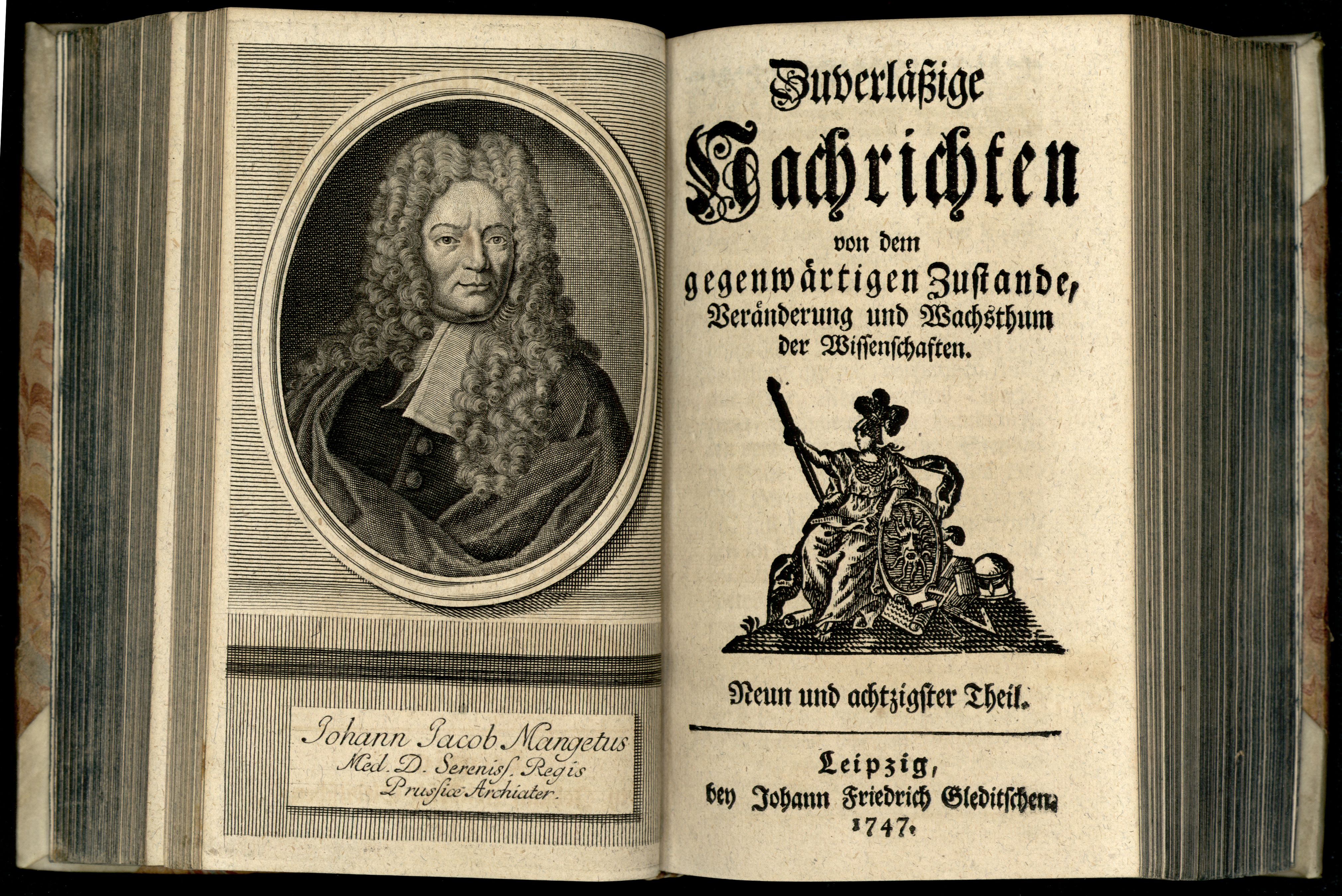 Porträt von Manget, Jean-Jacques  (Zuverläßige Nachrichten von dem gegenwärtigen Zustande der Wissenschaften., 1747, 89. T., ungez. Bl. vor S. 314. [Doppelseite])
