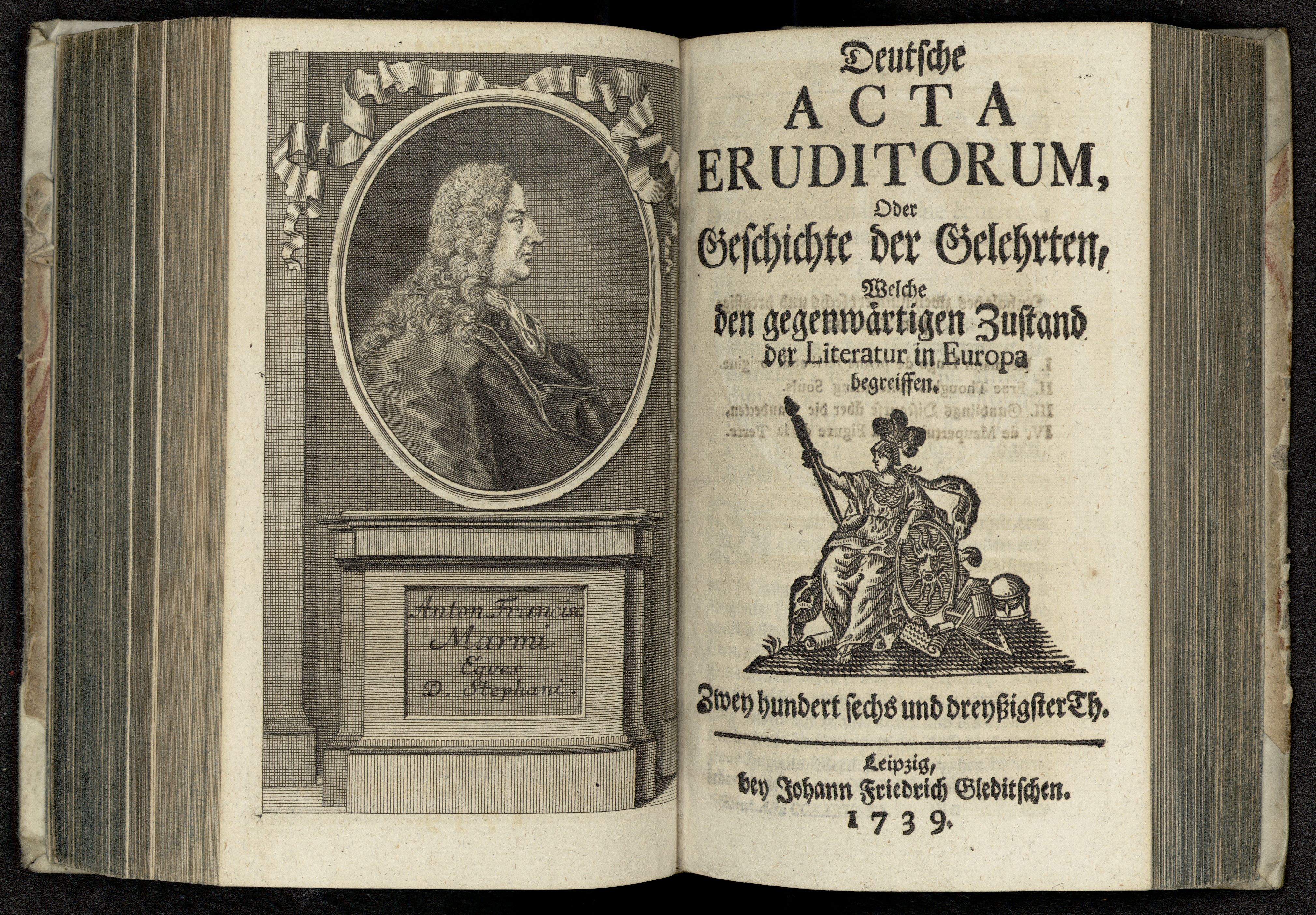 Porträt von Marmi, Anton Francesco  (Deutsche Acta Eruditorum., 1739, 236. T., ungez. Bl. vor S. 533. [Doppelseite])