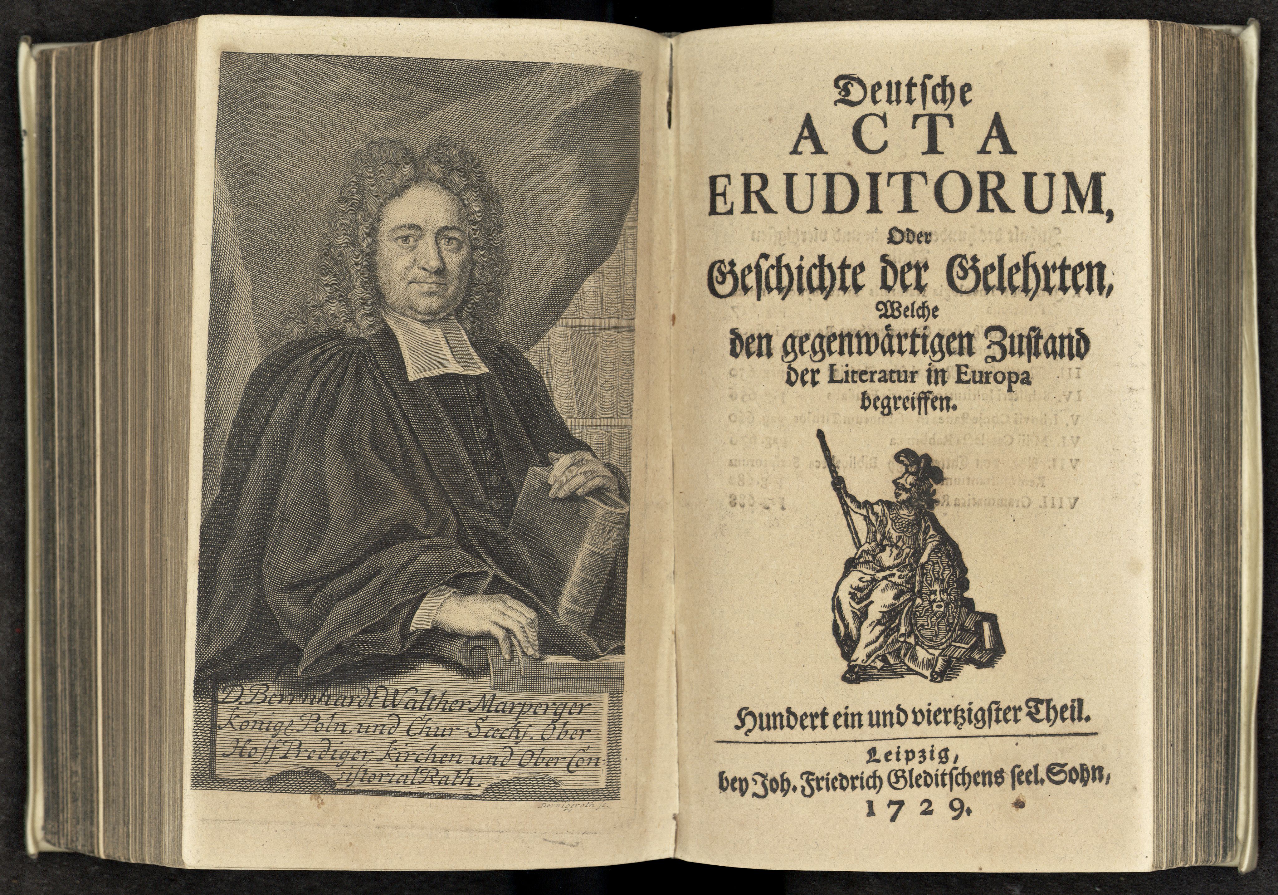 Porträt von Marperger, Bernhard Walter  (Deutsche Acta Eruditorum., 1729, 141. T., ungez. Bl. vor S. 617. [Doppelseite])