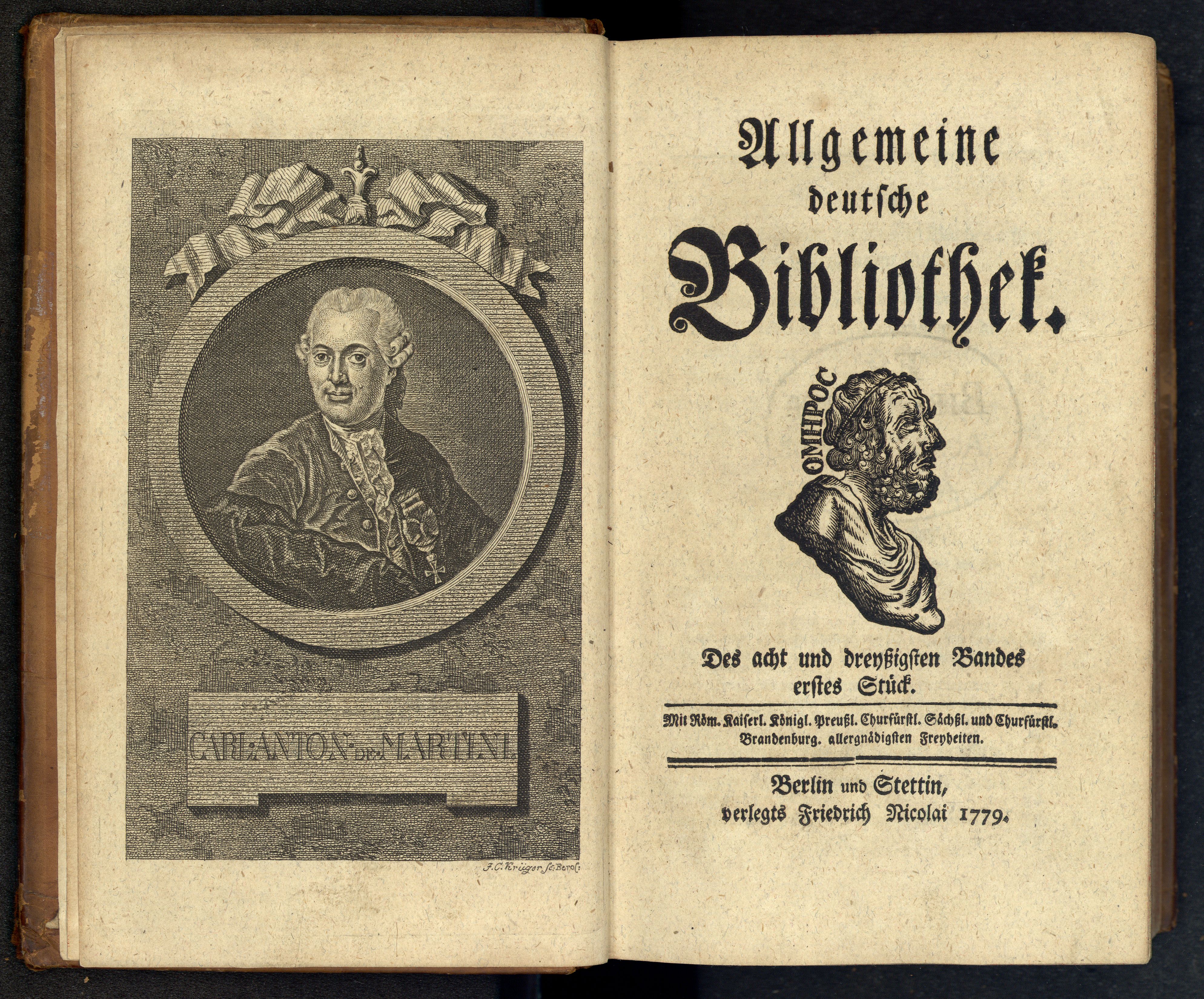 Porträt von Martini, Carl Anton von  (Allgemeine deutsche Bibliothek., 1779, 38. Bd., 1. St., ungez. Bl. am Anf. d. Bandes. [Doppelseite])