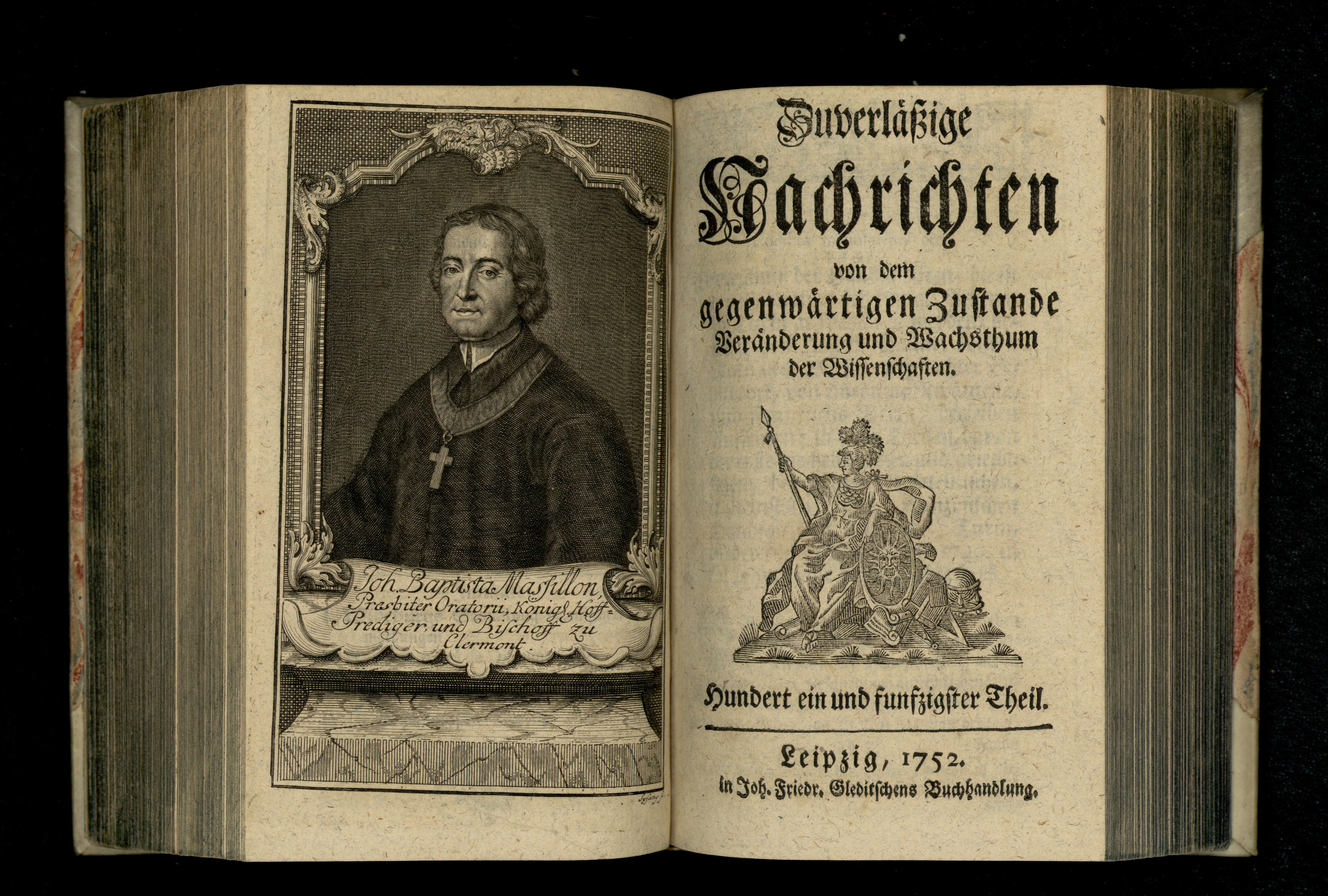 Porträt von Massillon, Jean Baptiste  (Zuverläßige Nachrichten von dem gegenwärtigen Zustande der Wissenschaften., 1752, 151. T., ungez. Bl. vor S. 478. [Doppelseite])