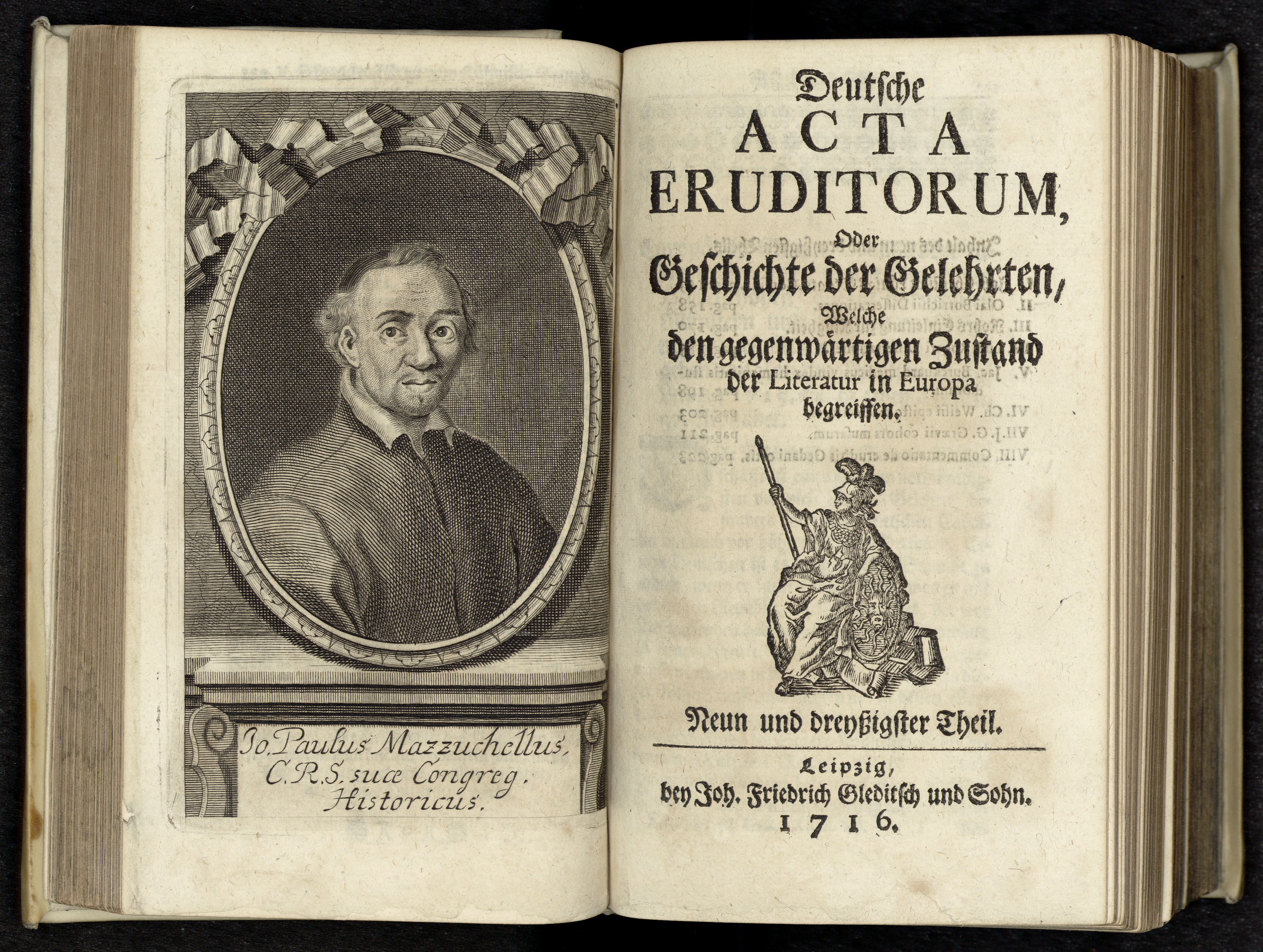 Porträt von Mazzuchelli, Giovanni Paolo  (Deutsche Acta Eruditorum., 1716, 39. T., ungez. Bl. vor S. 153. [Doppelseite])