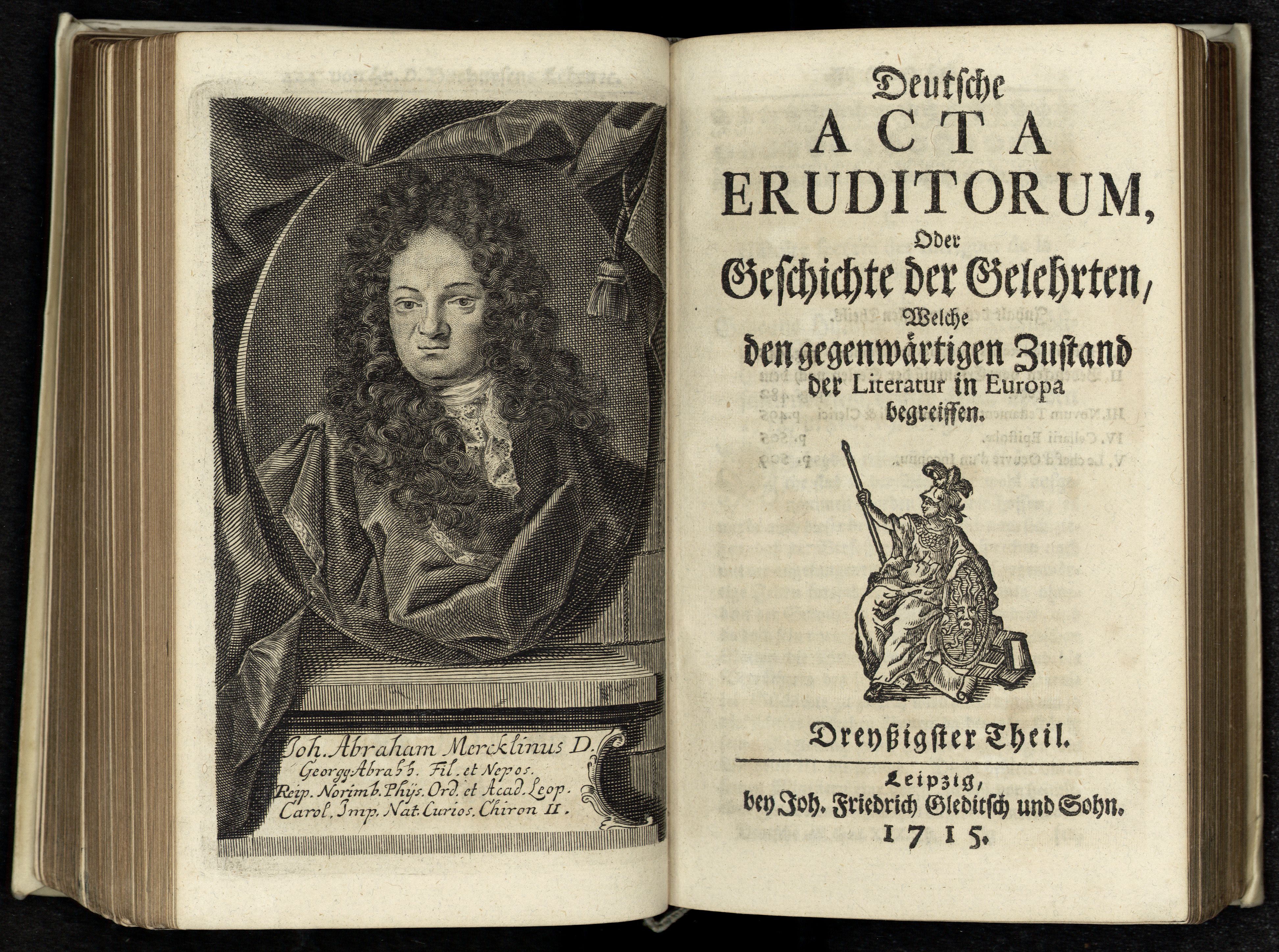 Porträt von Mercklin, Johann Abraham  (Deutsche Acta Eruditorum., 1715, 30. T., ungez. Bl. vor S. 445. [Doppelseite])