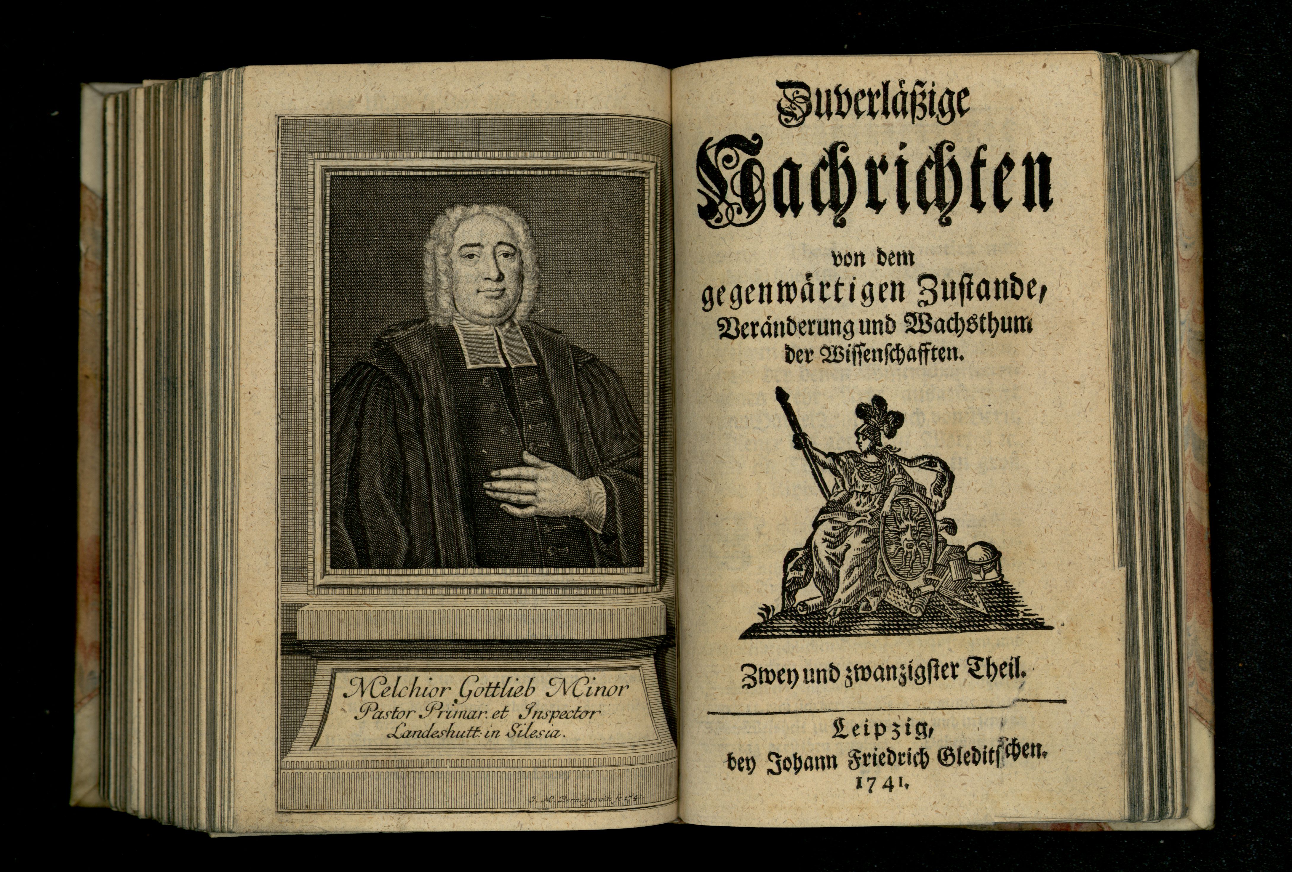 Porträt von Minor, Melchior Gottlieb  (Zuverläßige Nachrichten von dem gegenwärtigen Zustande der Wissenschaften., 1741, 22. T., ungez. Bl. vor S. 687. [Doppelseite])