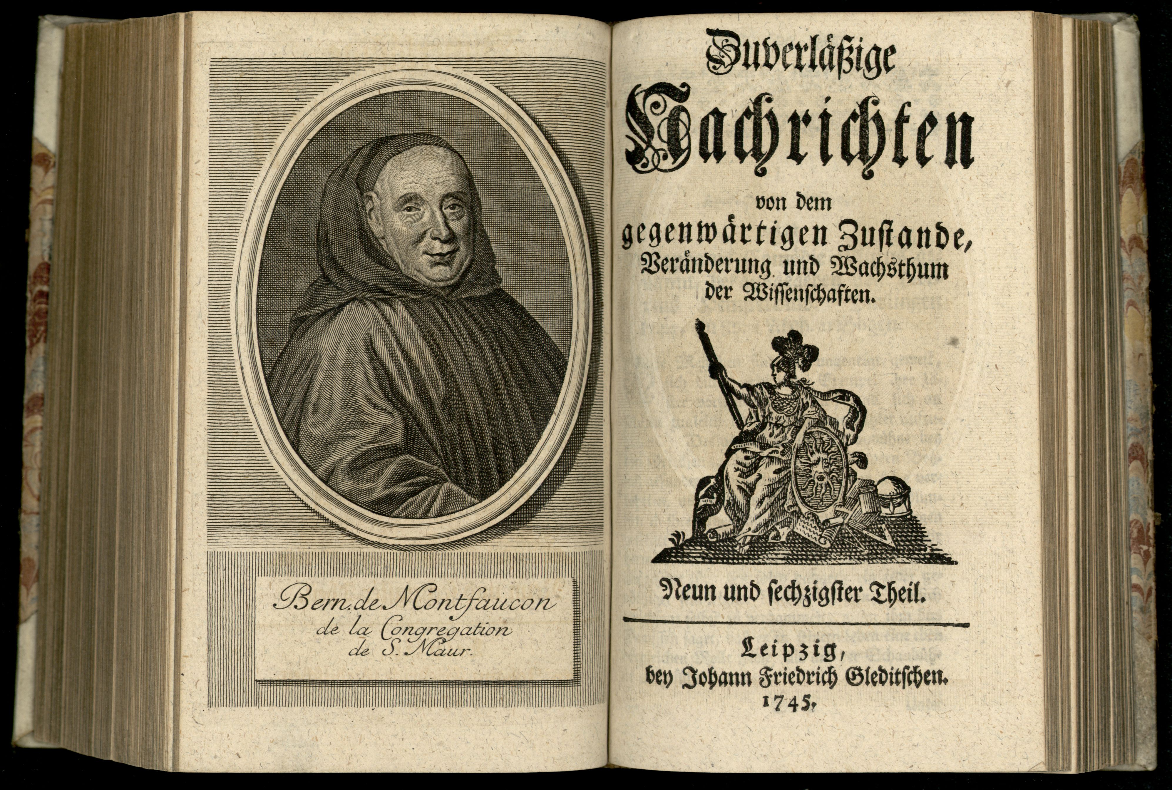 Porträt von Montfaucon, Bernard de  (Zuverläßige Nachrichten von dem gegenwärtigen Zustande der Wissenschaften., 1745, 69. T., ungez. Bl. vor S. 609. [Doppelseite])