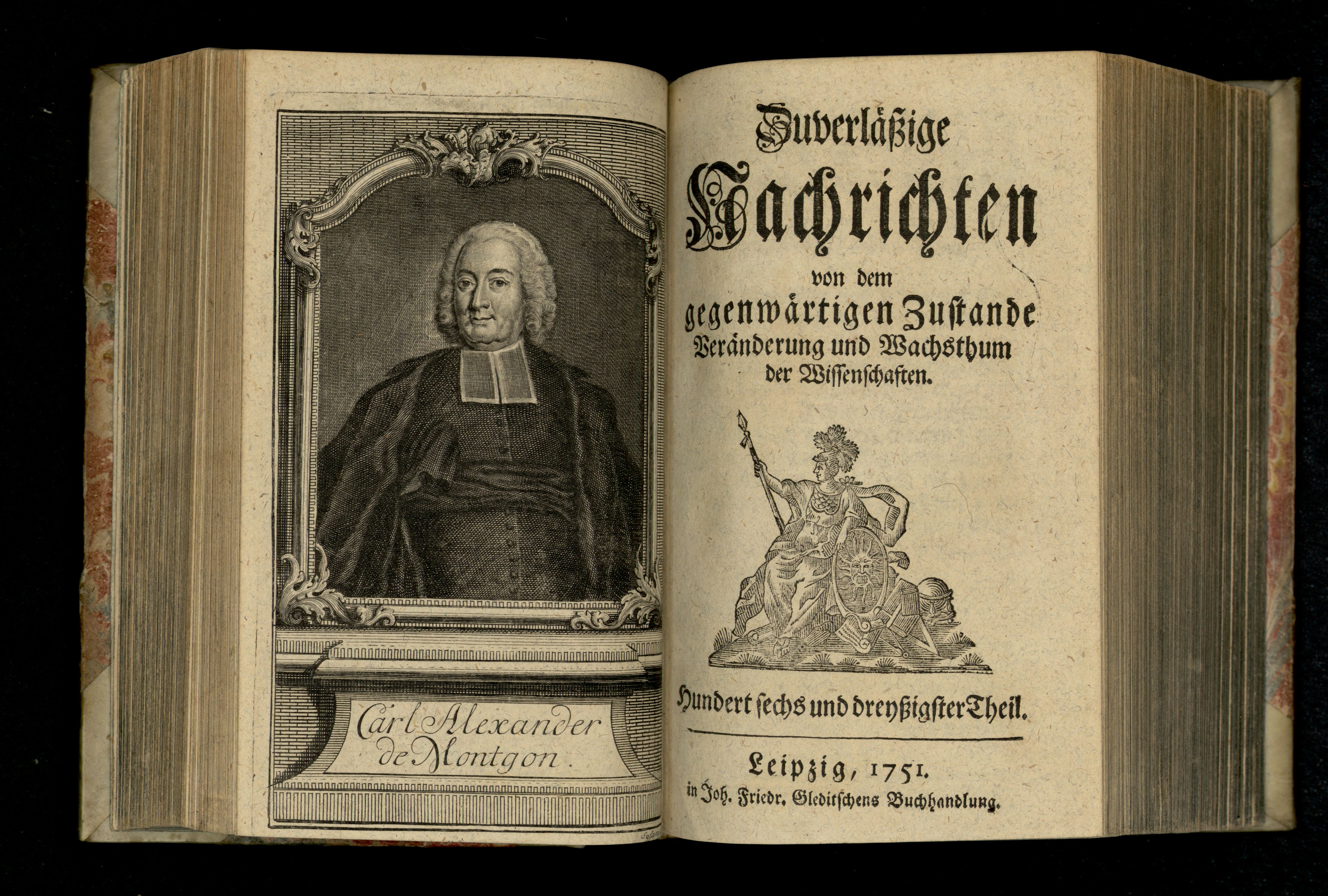 Porträt von Montgon, Charles Alexandre de  (Zuverläßige Nachrichten von dem gegenwärtigen Zustande der Wissenschaften., 1751, 136. T., ungez. Bl. vor S. 132. [Doppelseite])
