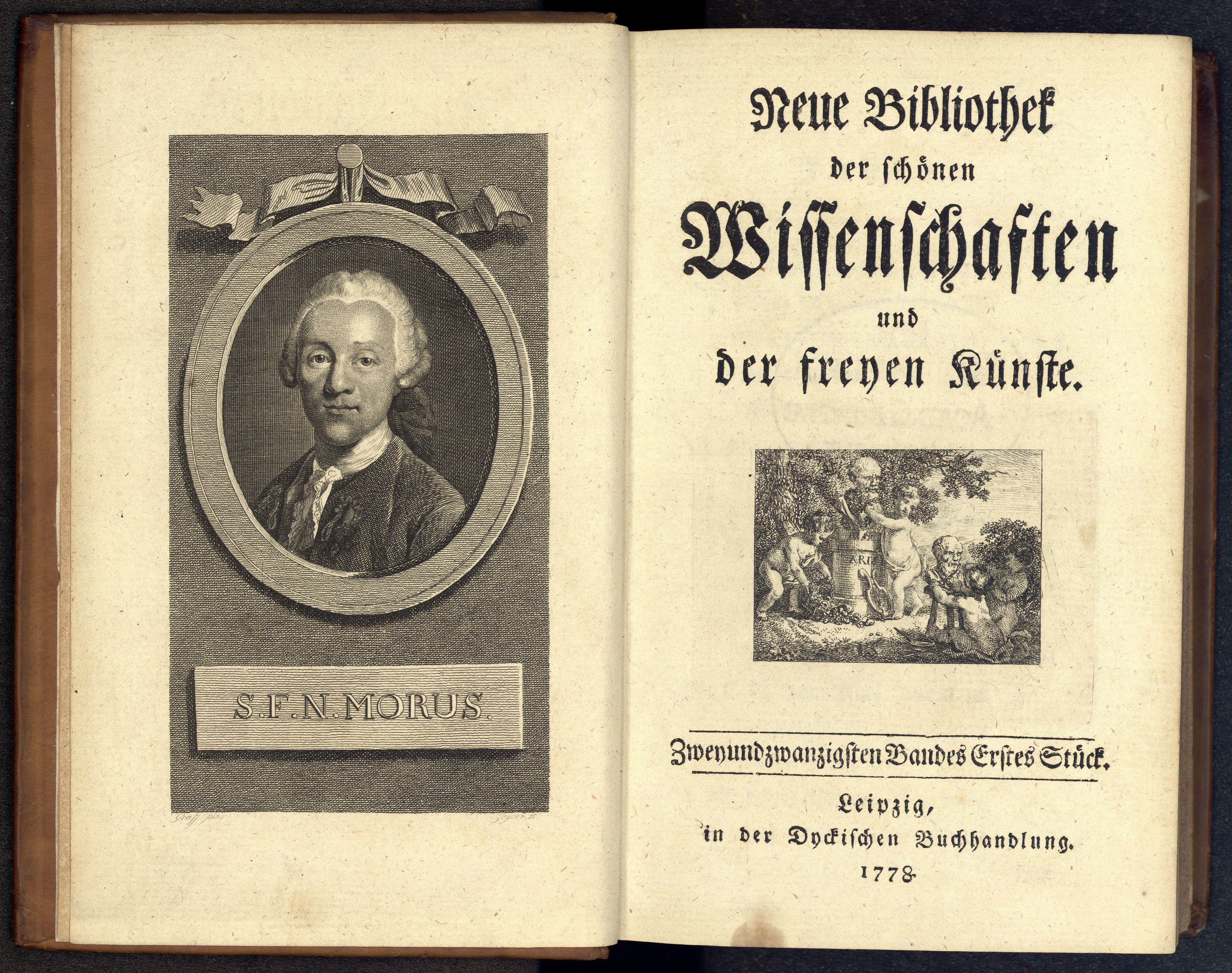 Porträt von Morus, Samuel Friedrich Nathanael  (Neue Bibliothek der schönen Wissenschaften., 1778, 22. Bd., 1. St., ungez. Bl. am Anf. d. Bandes. [Doppelseite])